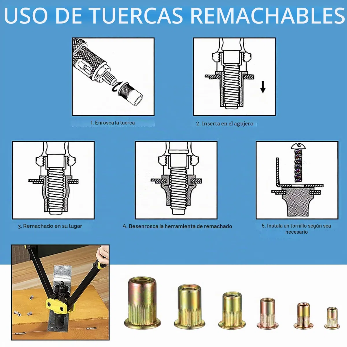 300 tuercas remachables de acero al carbono cincado – M3/M4/M5/M6/M8/M10 | Resistente, duradero y anticorrosivo. 6 tamaños aptos para metal, plástico y madera. Incluye caja de almacenamiento práctica.