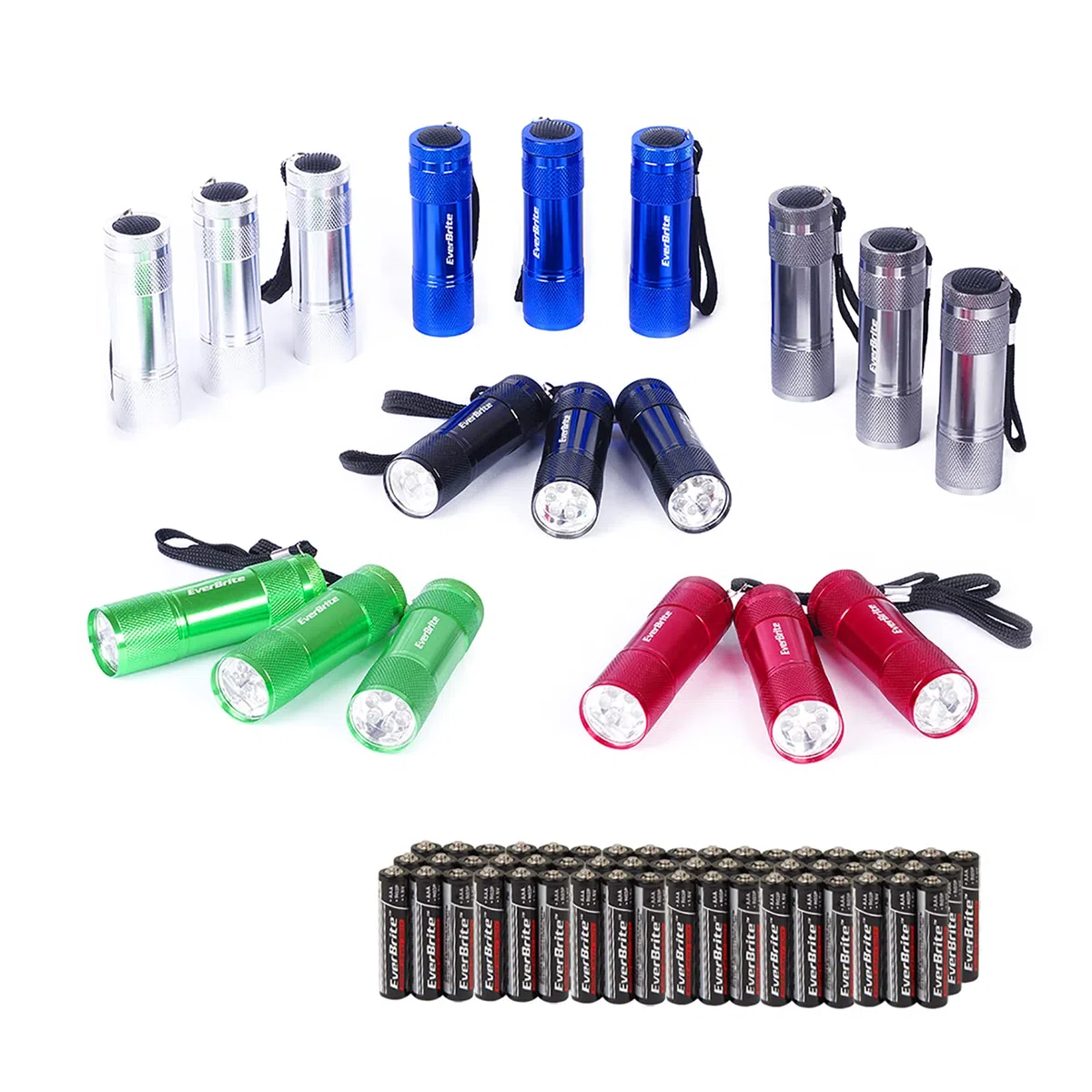EverBrite 18-piezas Mini Linterna Llavero LED, Linternas Portátiles de Aluminio Premium Ligero y Duradero, Juego de Linternas, Mochilero con Correa, 6 colores y 54 Pilas 3A