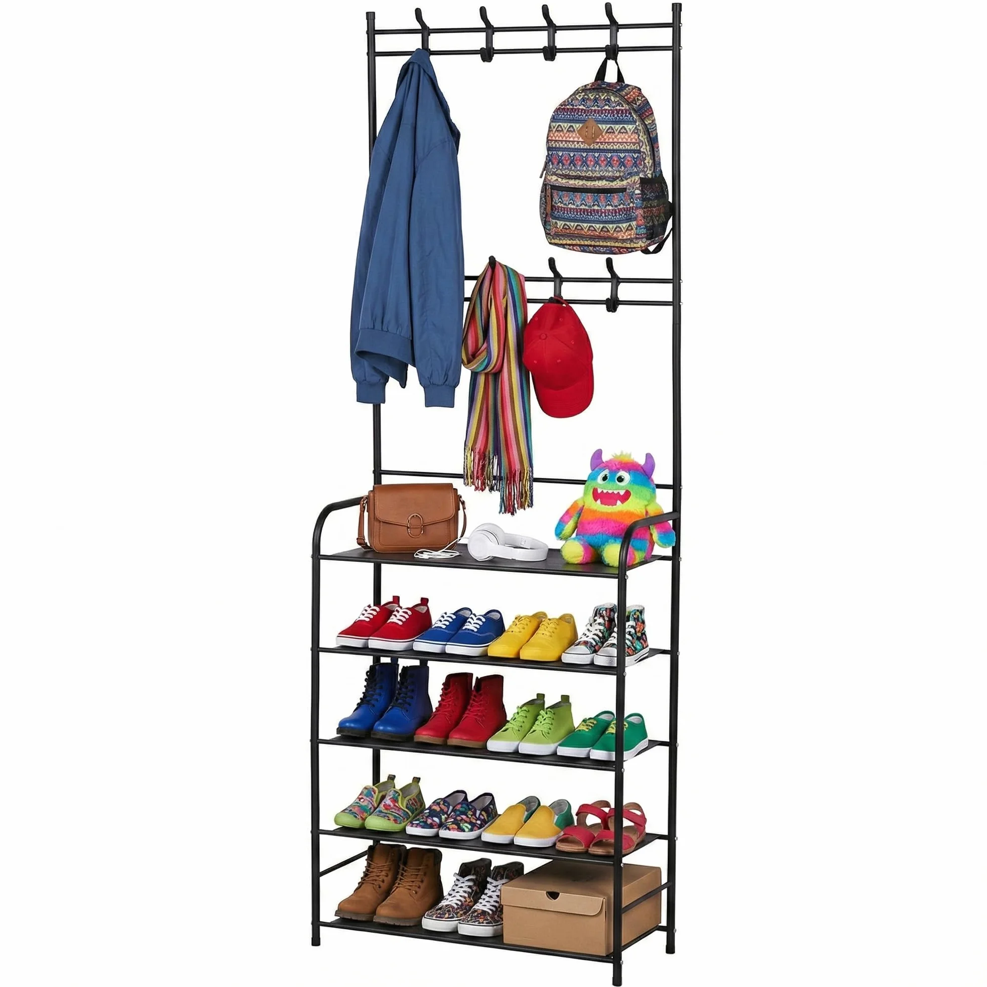 NK Perchero con Zapatero para Recibidor – 170x60x26 cm, 8 Colgadores, 5 Niveles para Calzado, Estructura de Hierro y PP, Color Negro, Diseño Estrecho, Montaje Fácil