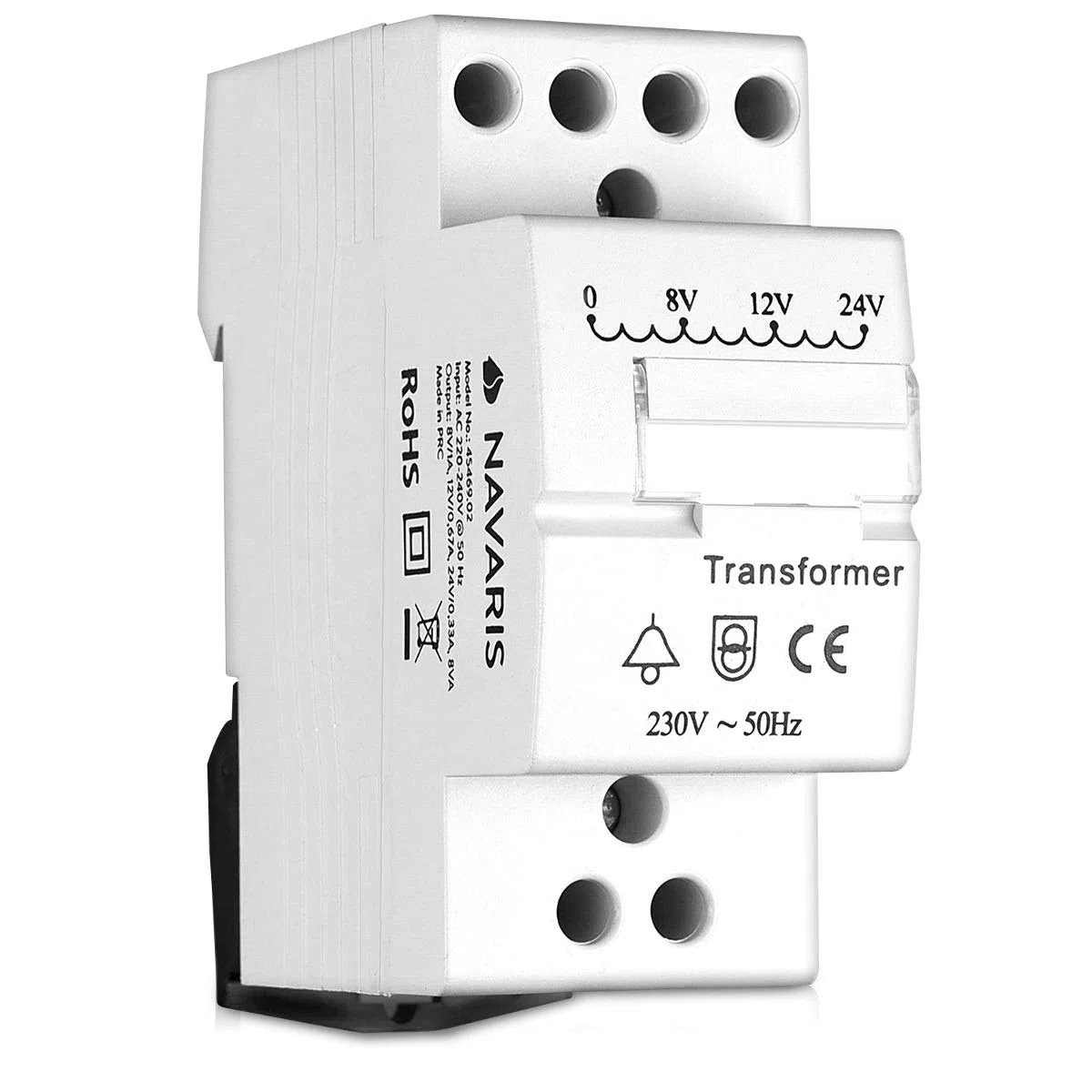 Navaris Transformador Timbre 8V 12V 24V - Transformador para Timbre de Puerta con Instalación en Carril DIN - Apto para Timbres con una Potencia de hasta 8VA