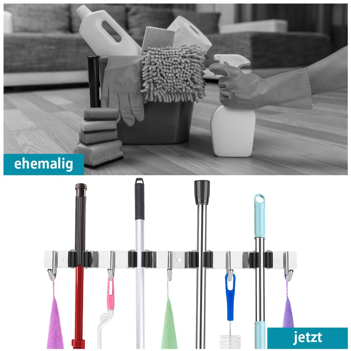 Colgador de Escobas y Fregonas Acero Inoxidable, Soporte de Escobas con 4 Posiciones y 5 Ganchos para Cocina, Baño, Garaje y Jardín, Negro