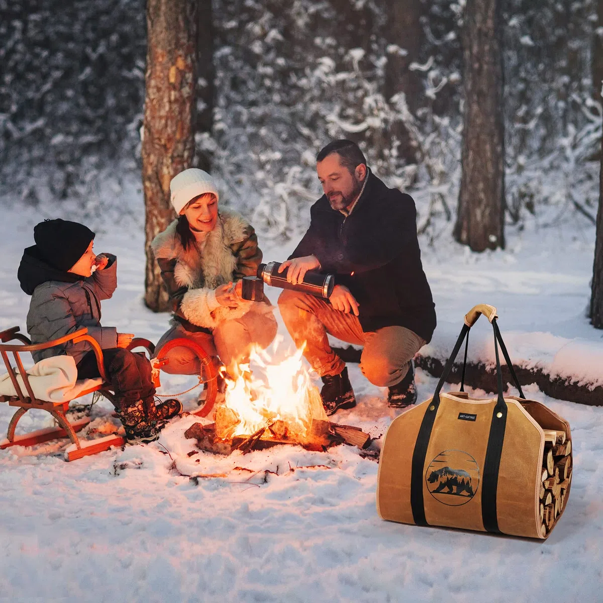 Bolsa grande de lona encerada para leña, 39 x 18 pulg., con asas y soporte de madera resistente para chimenea