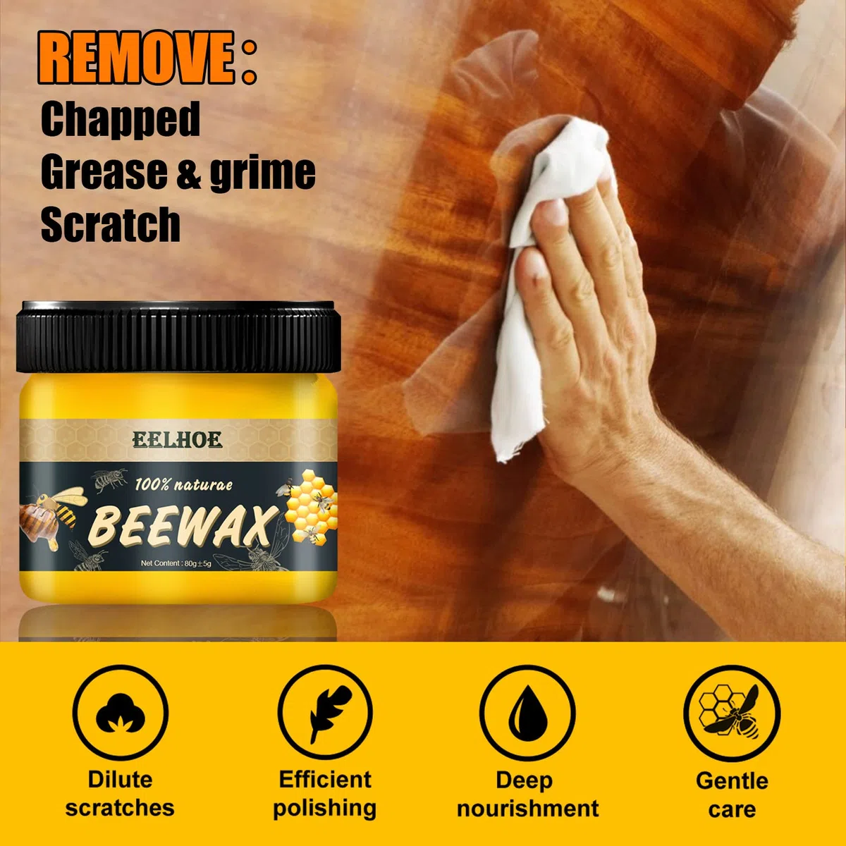 Cera de abeja totalmente natural para el cuidado y pulido de muebles para impermeabilizar, mejorar y proteger suelos de madera dura, 80 g de cera de abeja