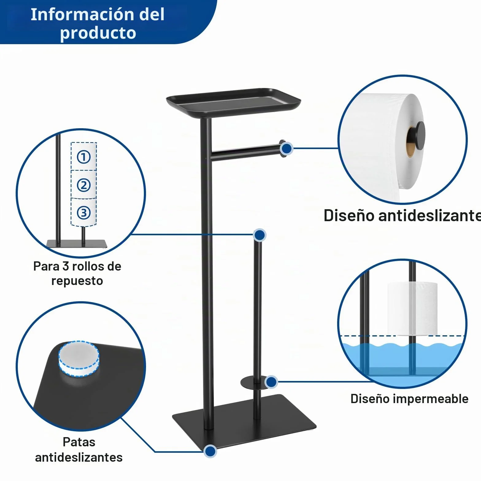 niffgaff Portarrollos de papel higiénico de pie negro con estante superior, soporte para papel higiénico de acero inoxidable con espacio para 4 rollos de repuesto