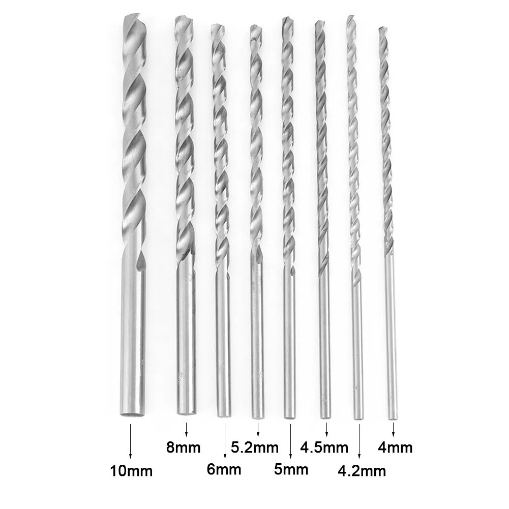 Broca Helicoidal, Akozon 8 piezas Herramienta de Broca Helicoidal de Vástago Recto de Acero de Alta Velocidad Extra Larga 4-10 mm