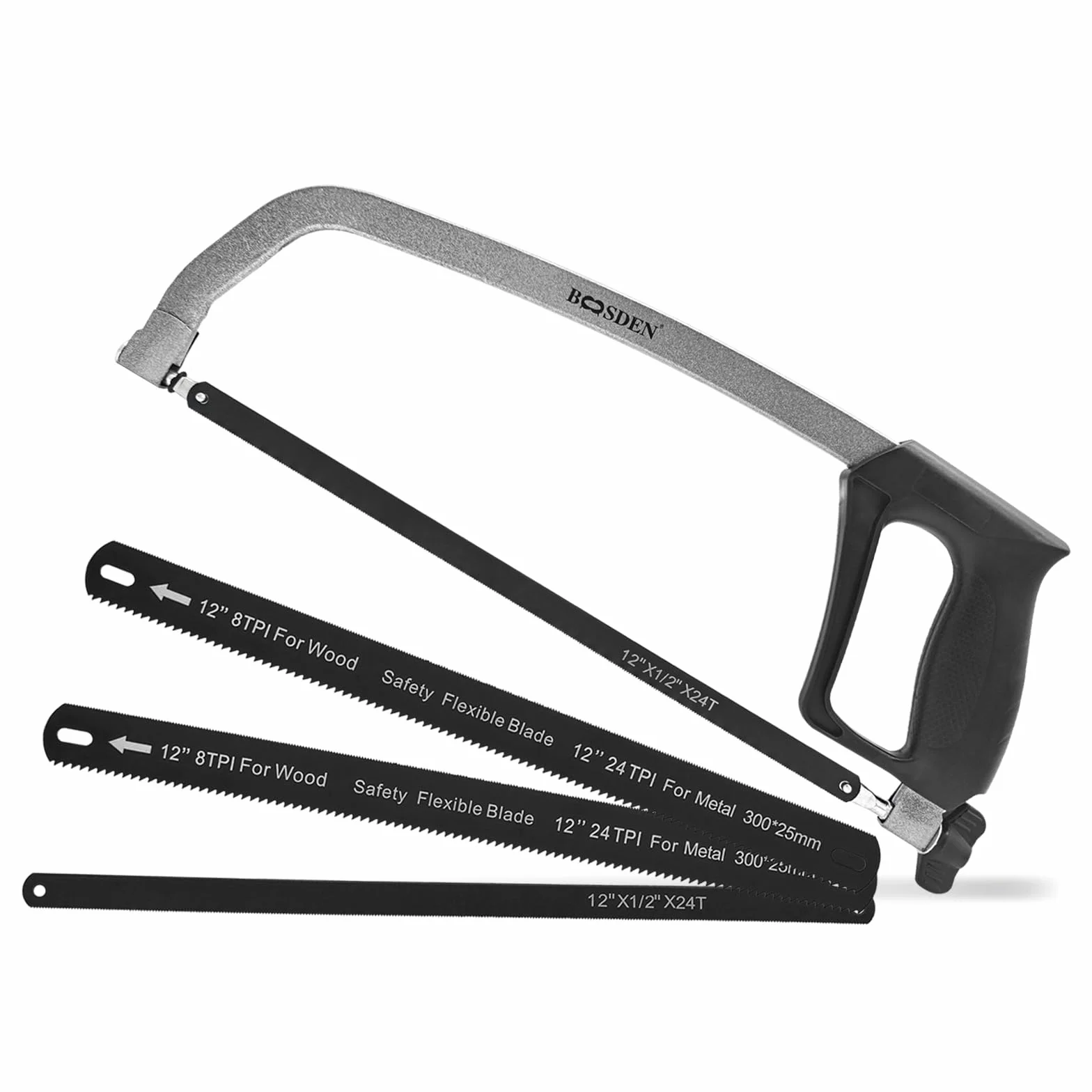 BOOSDEN Sierra para metales ajustable con 4 cuchillas de 12 pulgadas (2 bimetálicas 8TPI/24TPI + 2 HSS 24TPI), sierras de metal, sierra para metales para cortar madera, PVC - Mini sierra para metales