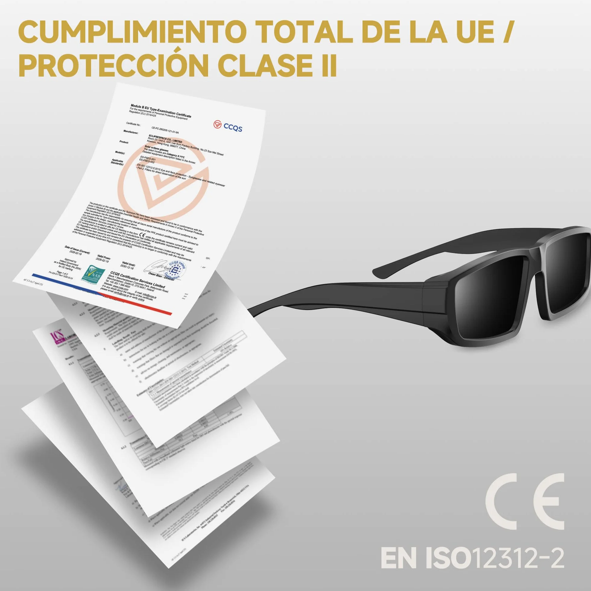 Premium Plástico -Gafas Eclipse Solar Homologadas - Certification CE y EN ISO 12312-2, seguras para observación directa, listado AAS, Eclipse total 2026