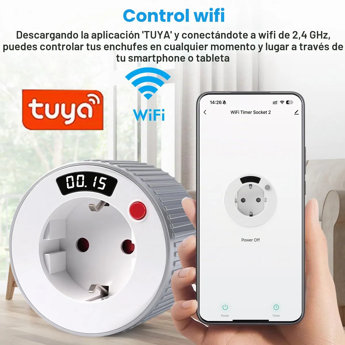 Temporizador Enchufe Inteligente WiFi Tuya Control Cuenta atrás Temporizador AC230V 16A 3680W Pantalla LED 15 min intervalo 24 Horas Enchufe programable WIFI02