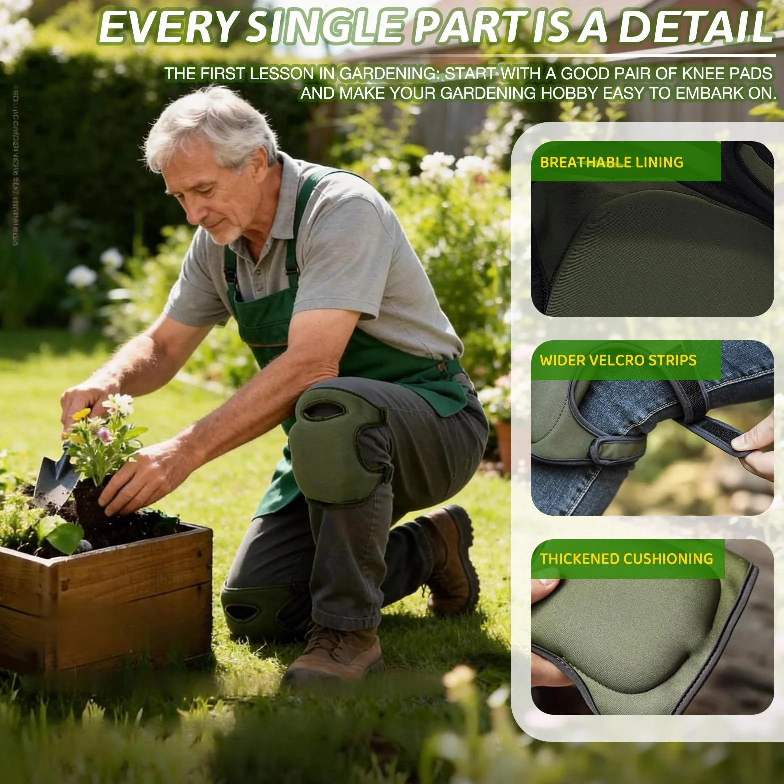 Rodilleras de Jardinería Ajustables, Protector de Rodilla para Jardín, Limpieza y Mantenimiento, Verde