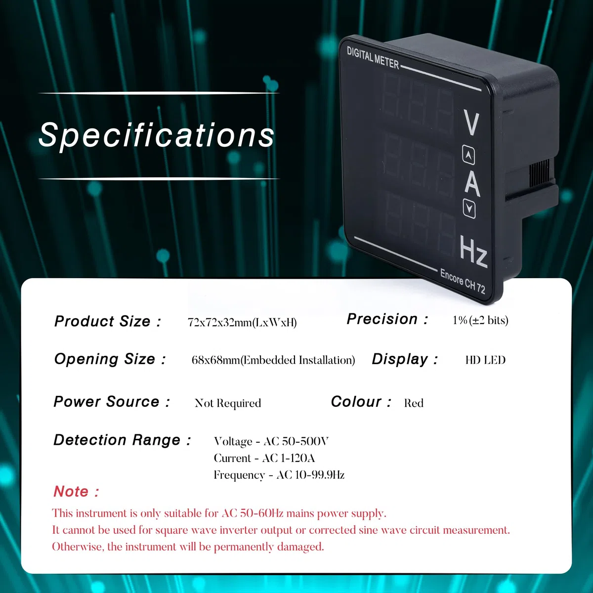 AC Pantalla Digital Voltímetro Amperímetros Frecuencia Medidor Integrado AC 50-500V 1-120A 10-99.9HZ Multi Testers Voltaje Corriente Frecuencia Tester