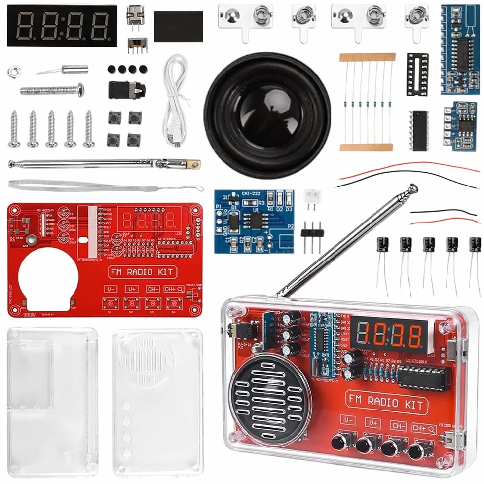 Kit de ejercicios de soldadura electrónica con radio digital y pantalla, kit de construcción electrónica DIY con módulo de carga para principiantes, estudiantes y formación STEM - Práctico juego de