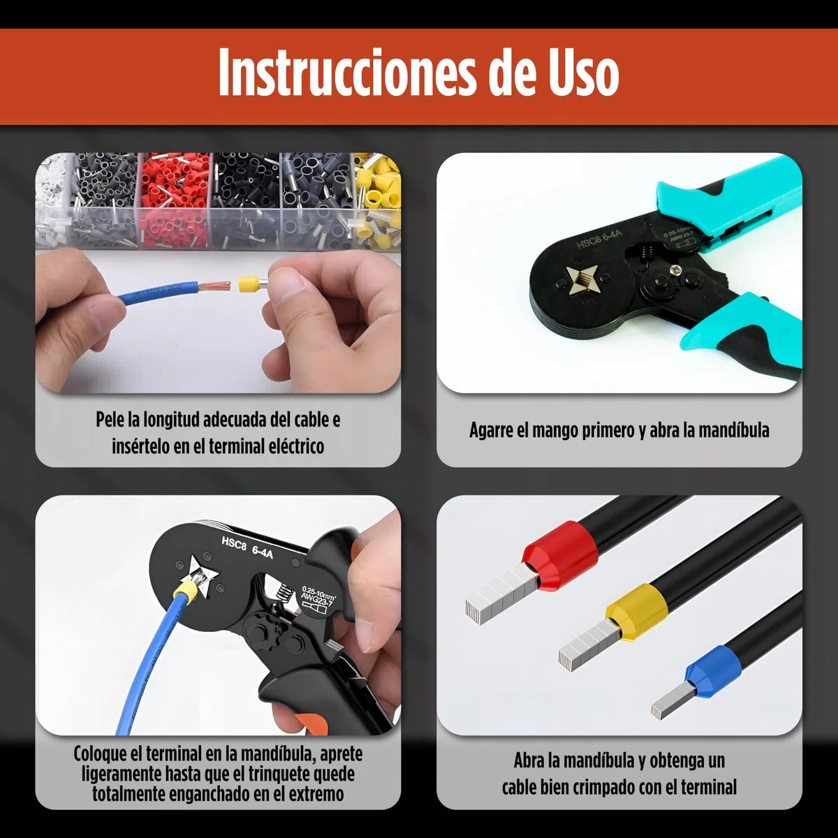 Crimpadora profesional 0.25-10mm² de 1200 terminales electricos con Prensa para Punteras huecas y Terminales de Cables - Juego Completo de Terminales Eléctricos Incluidos – Kit Electricista
