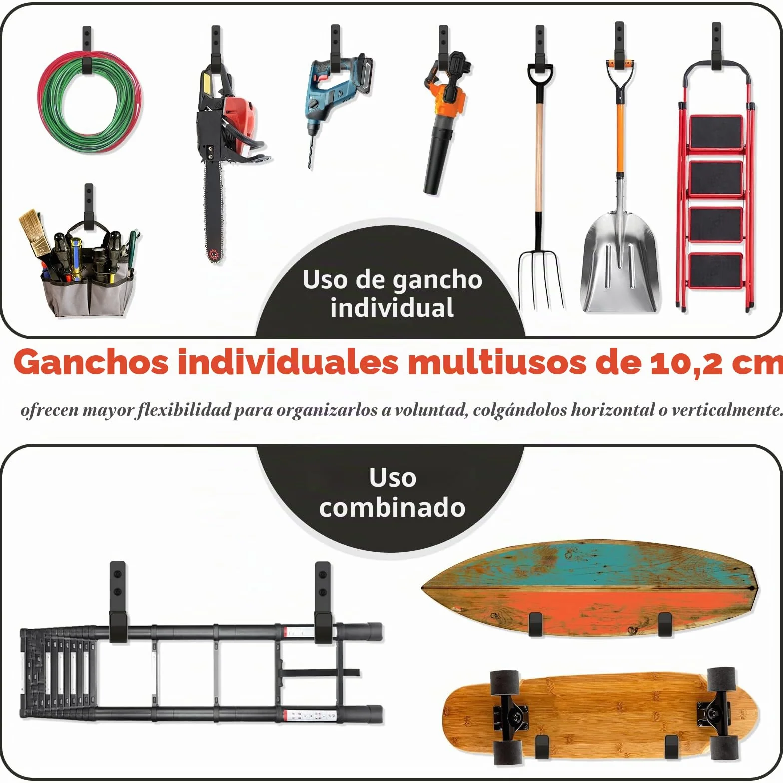 10cm Ganchos Pared, Resistentes para Garaje, Ganchos para Colgar Almacenamiento, en J Soporte Herramientas Pared Multiusos, Ganchos para Colgadores para Equipo Deportivo (2 Piezas, 25 kg)