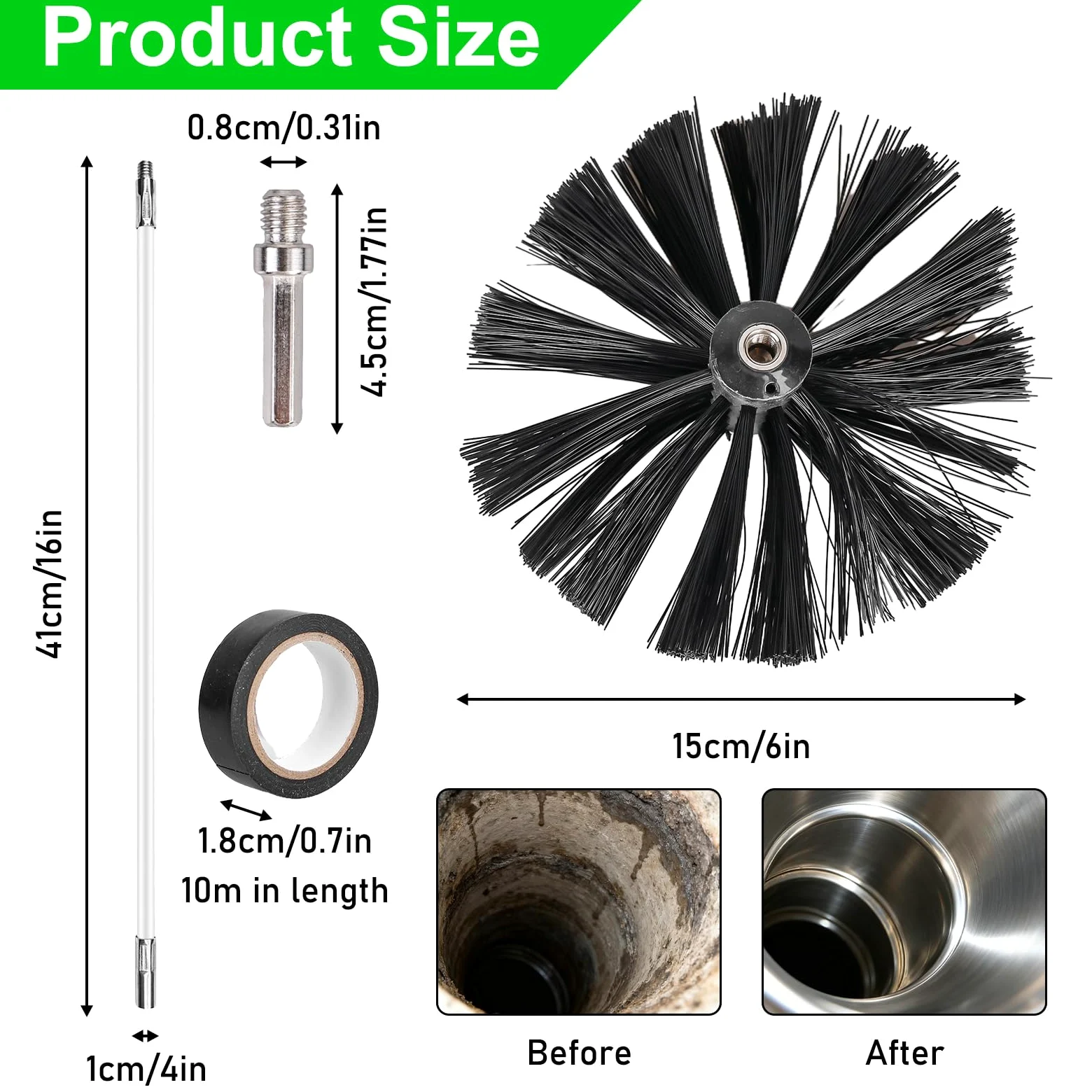 Juego de 4,9 m de cepillo de chimenea, cepillo de tubo de estufa de 150 mm de diámetro y 12 varillas flexibles, cepillo para deshollinador con 2 barras hexagonales, cepillo de limpieza para chimenea