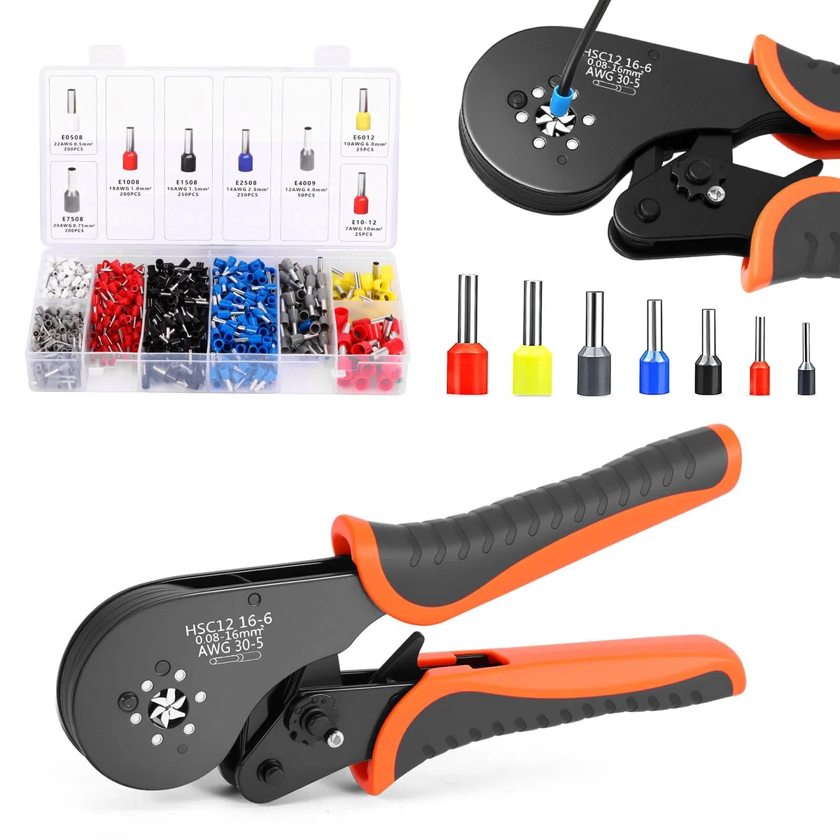 OurLeeme Alicates de doble terminación, crimpadora 0,08-16 mm², férulas con 1200 unidades de casquillos de doble e individuales, juego de herramientas para bricolaje y suministros industriales
