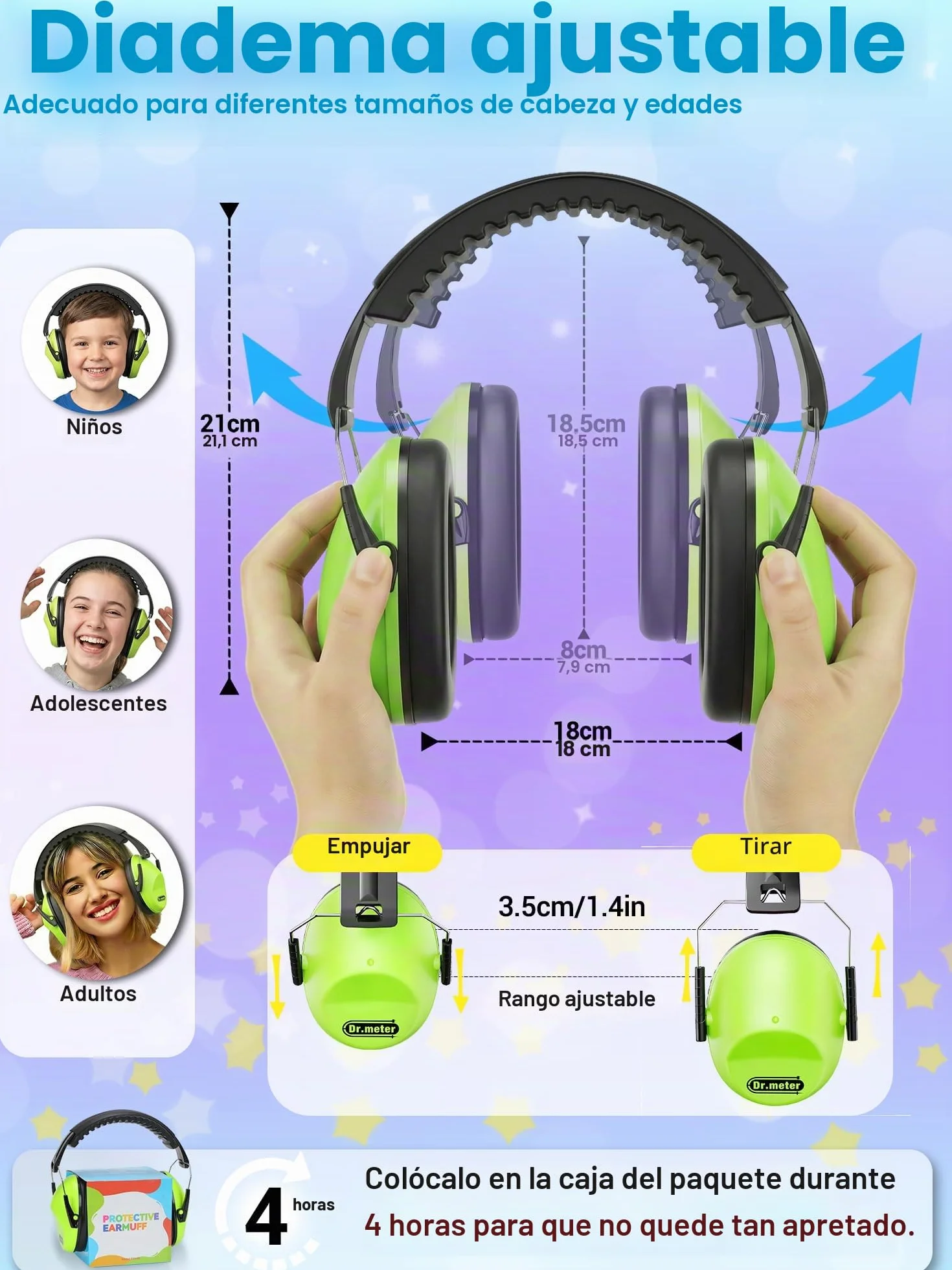 Dr.meter Cascos Antiruido para Niños, Cascos Ruido Niños Protección Auditiva SNR 27.4dB, Diadema Ajustable, Orejeras Suaves Cómodas, Reducción de Ruido para Estudio, Viajes y Eventos Ruidosos - Verde