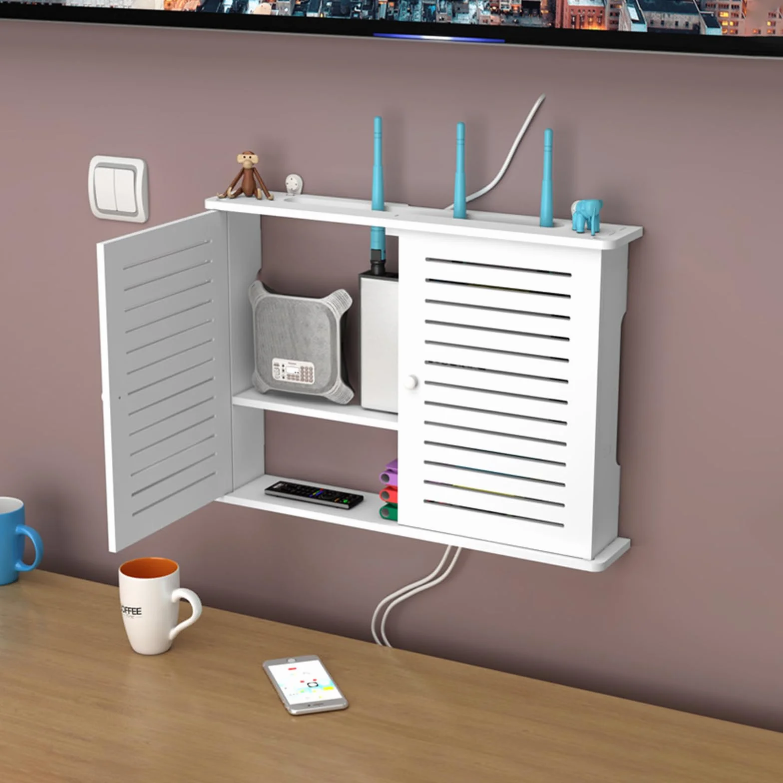 Caja Router Pared, Caja de Almacenamiento de Router WiFi Router Pared Cajas de Almacenamiento de Cables Router Estante de Madera para con Puerta de Armario para Decoración del Hogar (B)
