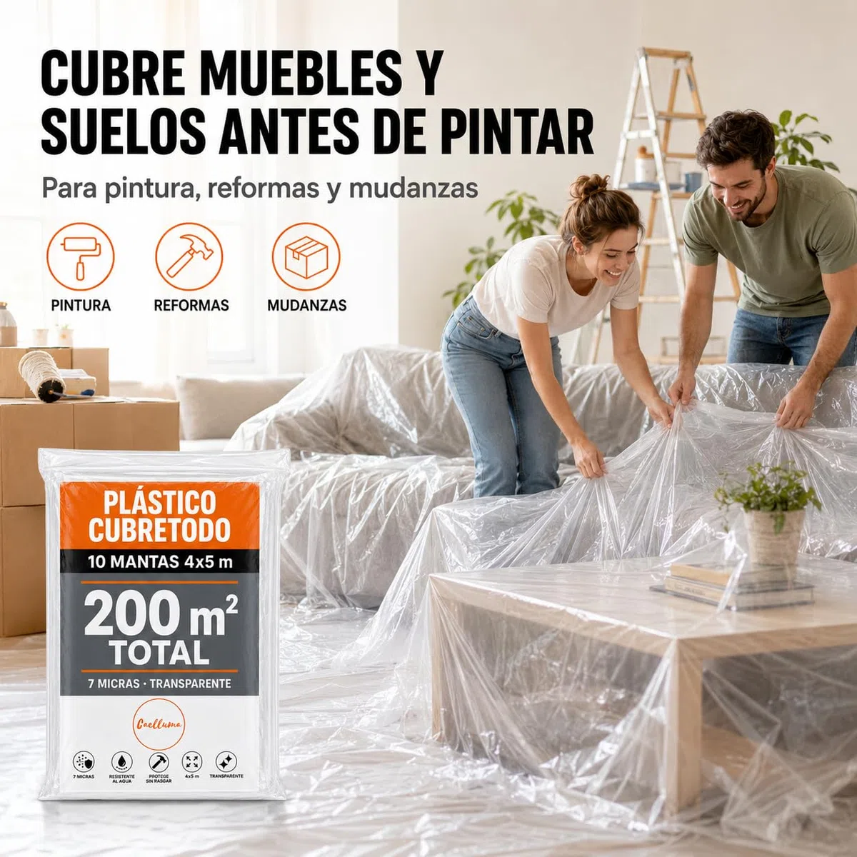 Plástico Cubretodo 4x5 m Pack 10 · Manta Pintor Transparente para Muebles Suelos Sofás y Obras · 200 m² Total sin Cortar para Pintura Reformas Bricolaje Hogar Mudanzas y Limpieza