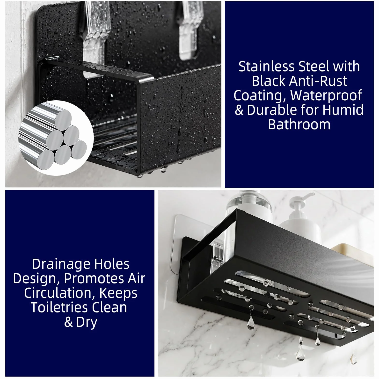 Estantería de Ducha sin Taladrar, Estantería de Baño en Acero Inoxidable con 4 Ganchos Extraíbles, Negro