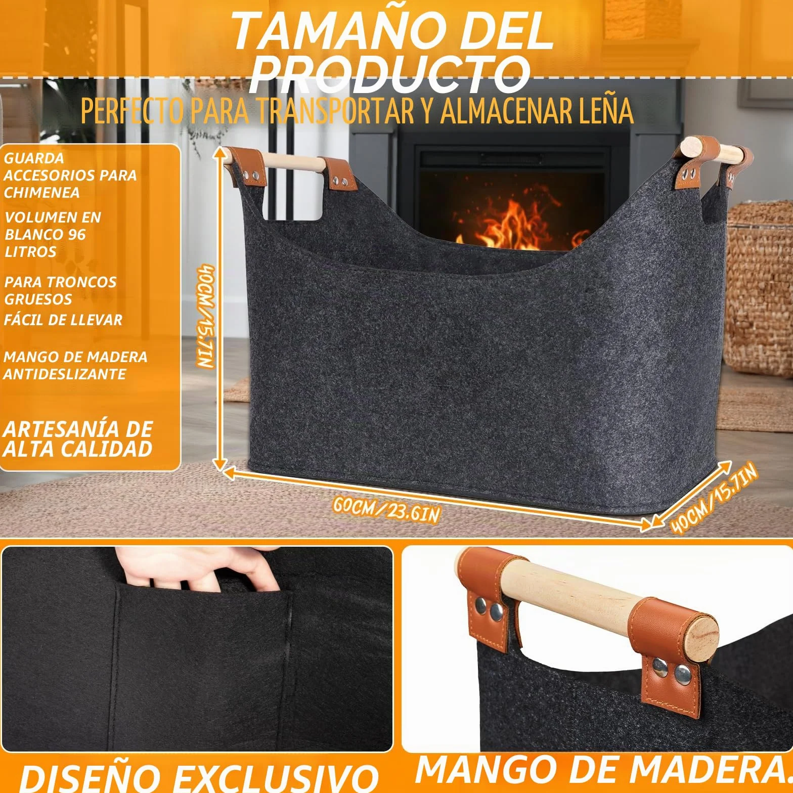 Cesta de Leña, 96L Cesta para Leña de Chimenea, Plegable Bolsa de Fieltro para Leñas, Cesta para Leñas con Asas, 60x40x40 Cestas Leñas, Cestas de Fieltro para Leñas de Chimenea, Gris Oscuro