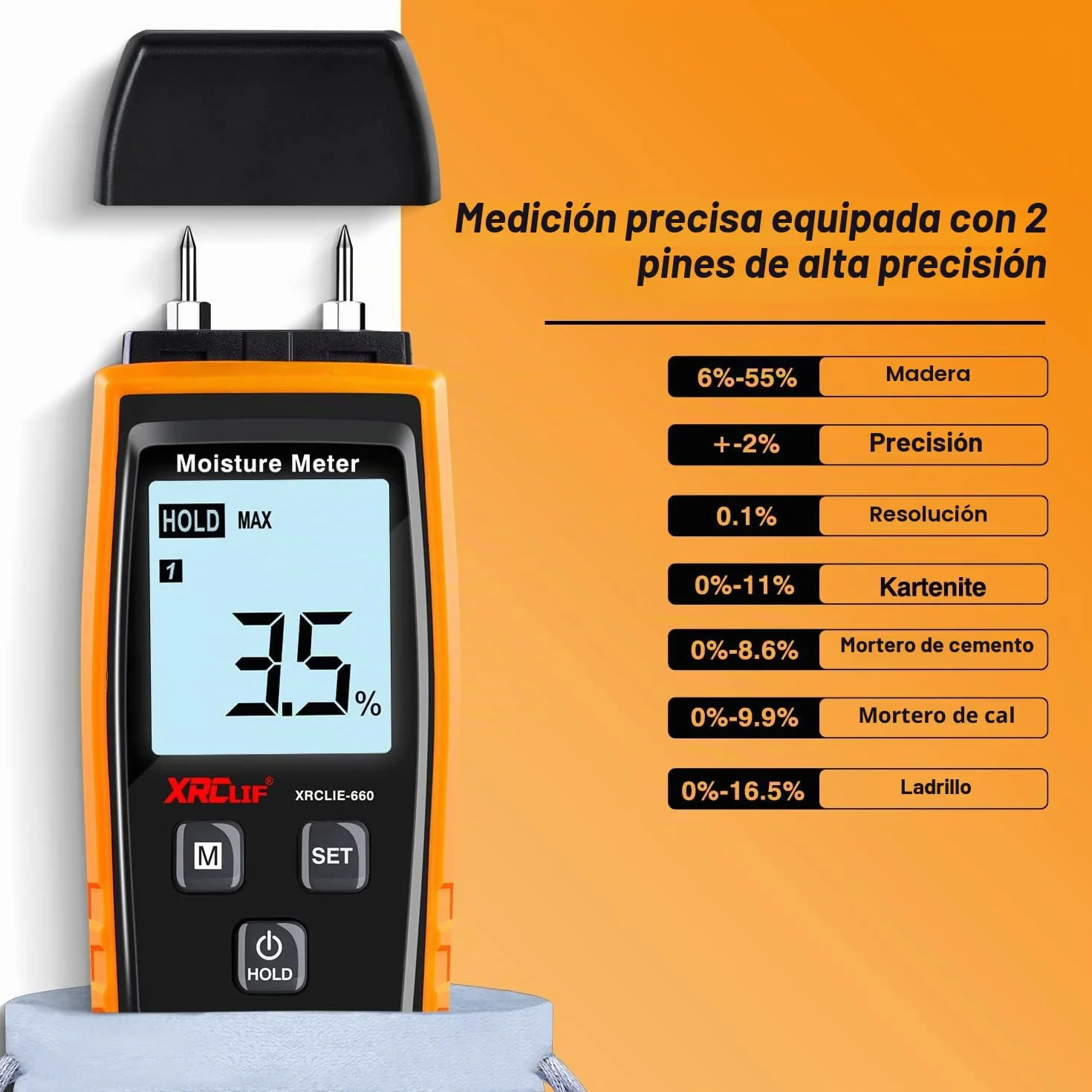 Medidor Humedad Pared Digital, XRCLIF Medidor de Humedad de Madera Portátil medidor de Madera para Fugas Humedad Mortero Cemento, Detector de Contenido de agua de Madera con luz de Fondo (amarillo)