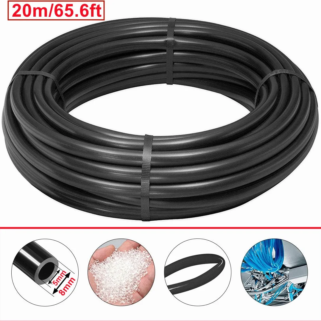 HUAZIZ Manguera neumática de poliuretano de 20 m, manguera neumática negra de poliuretano, manguera de aire comprimido flexible, exterior de 8 mm x interior de 5 mm + 1 cortador de manguera