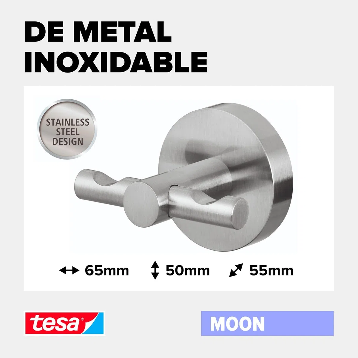 tesa Moon Percha impermeable, apariencia de acero inoxidable, autoadhesiva, tecnología de montaje adhesiva, 50 x 65 x 35 mm