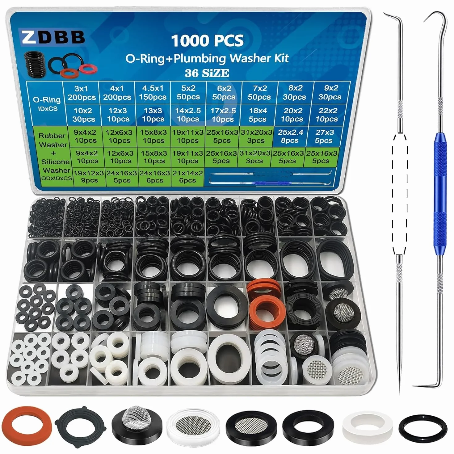 ZDBB Kit de 1000 juntas tóricas de 18 tamaños + arandelas de goma de 18 tamaños para grifo de fontanería, tuberías de agua, arandelas de manguera de jardín, cabezales de ducha, reparación de juntas y