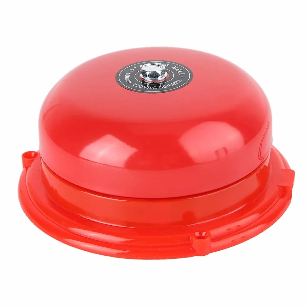Timbre Eléctrico de Alarma contra Incendios, 4 Pulgadas, Metal, 100db, 220V, Rojo, Montaje en Pared o Techo