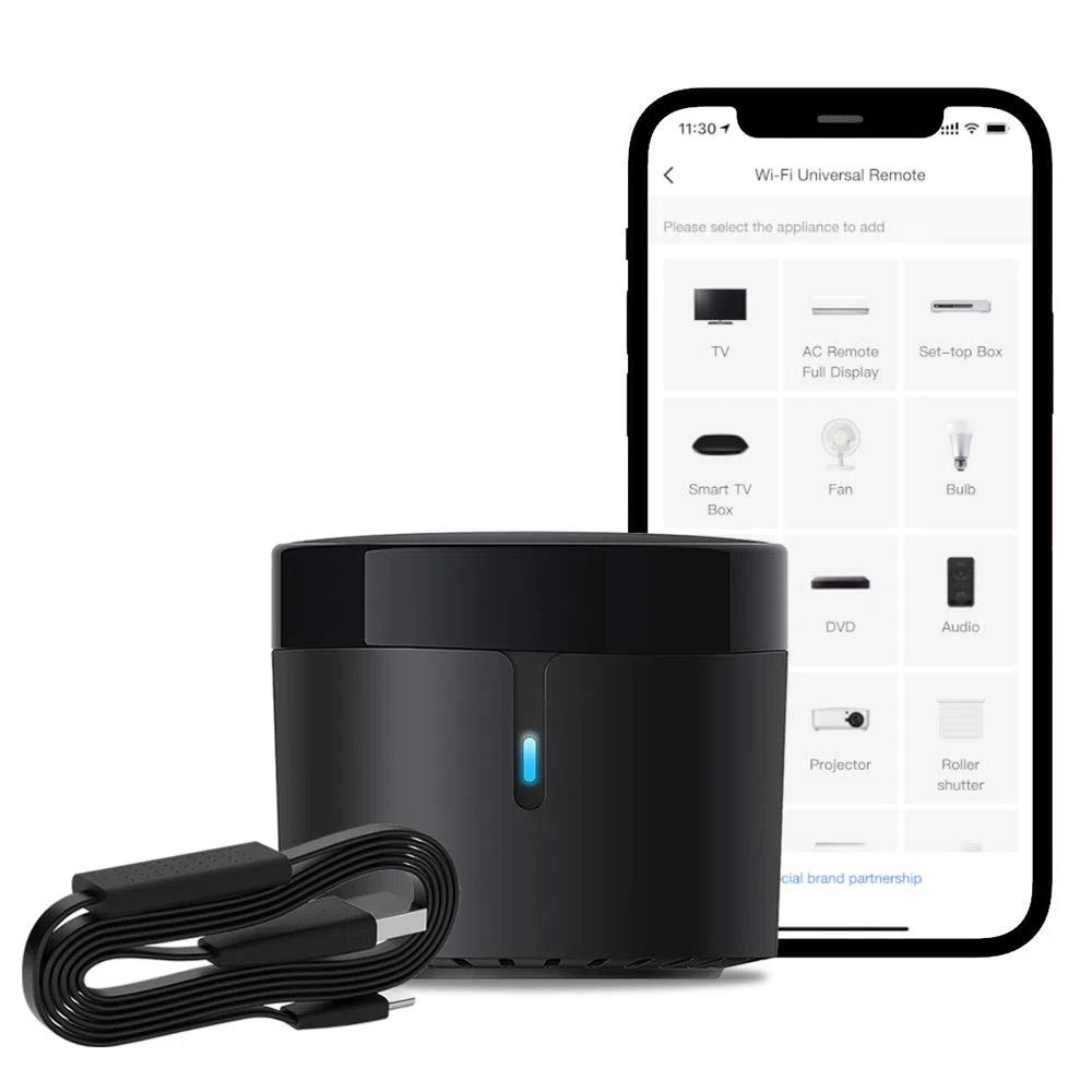 BroadLink RM4 - Mini Control Remoto Inteligente con Juego de Cables de Sensor, concentrador Universal de Control Remoto IR con Cable USB para Monitor de Temperatura y Humedad, Compatible con Alexa