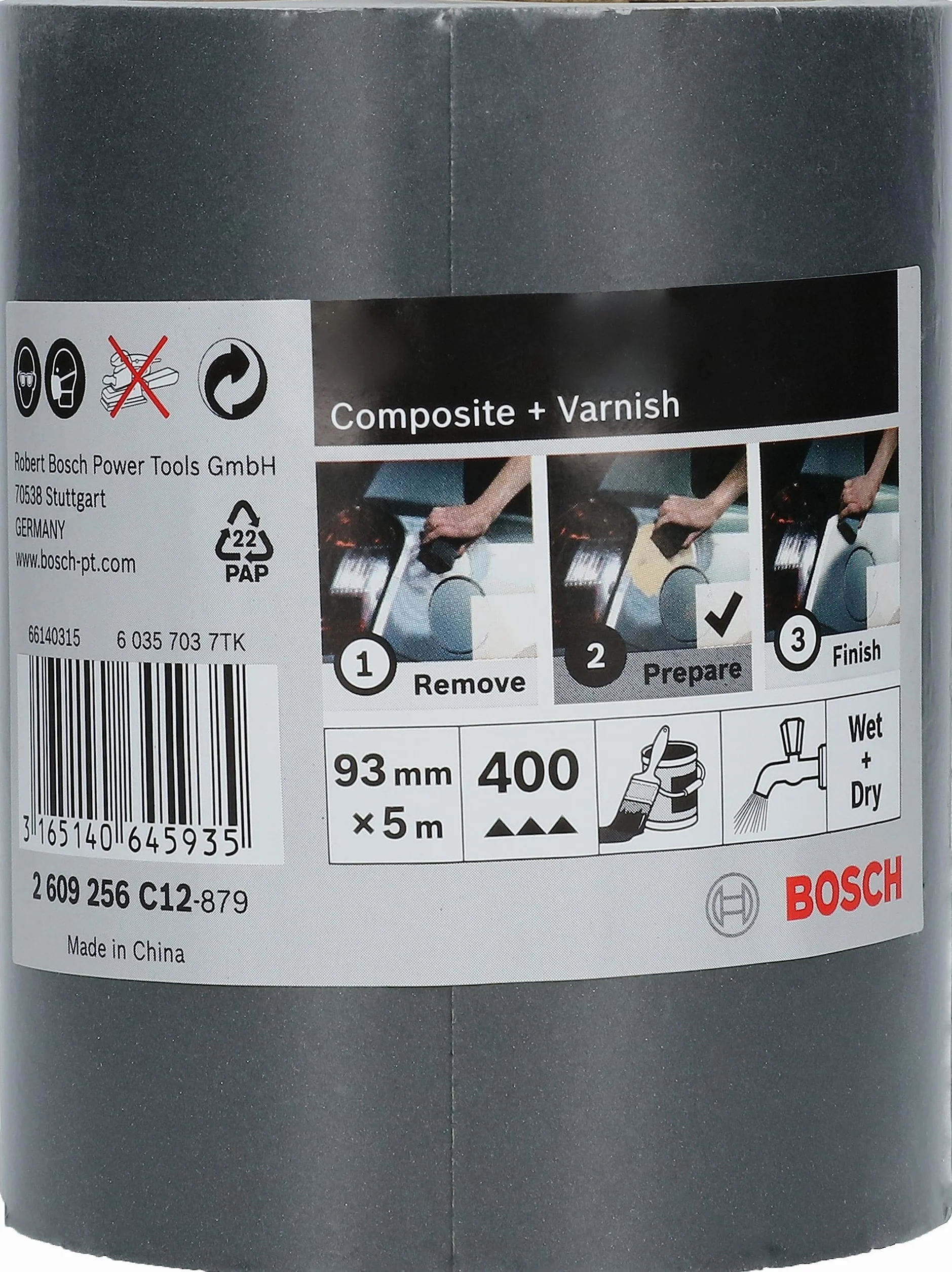 Bosch Professional 1x Rollo de Lija (para Material de recubrimiento, Barniz, 93 mm x 5 m, Grano 400, Accessorio Lijado Manual)