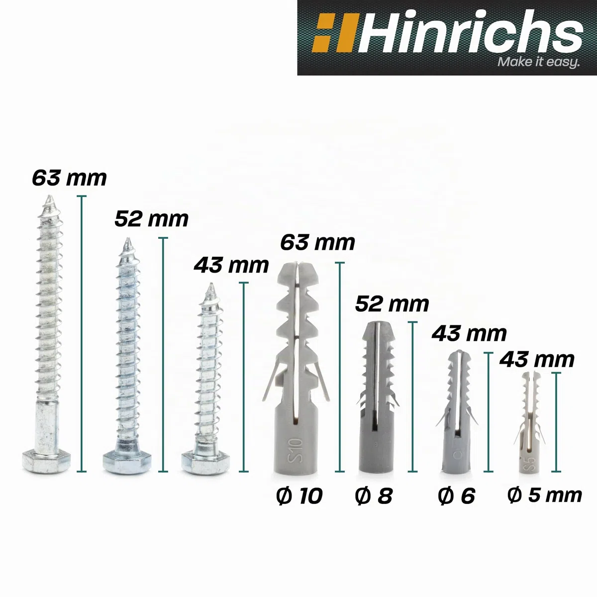 Hinrichs - Juego de 417 tornillos y tacos (417 unidades) - Maletín de almacenamiento con tacos en 4 tamaños - 204 piezas en total + juego de tornillos en 9 tamaños - 213 tacos