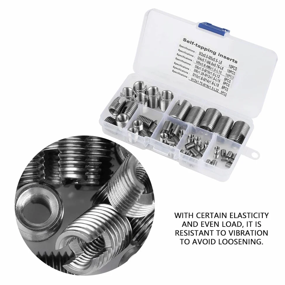 Rosca autorroscante, hilo interno de 50 piezas Insertos de rosca autorroscantes Juego de acero inoxidable plateado para refuerzo del hilo (M3 M4 M5 M6 M6.5 M8 M10 M12 M14 M16)