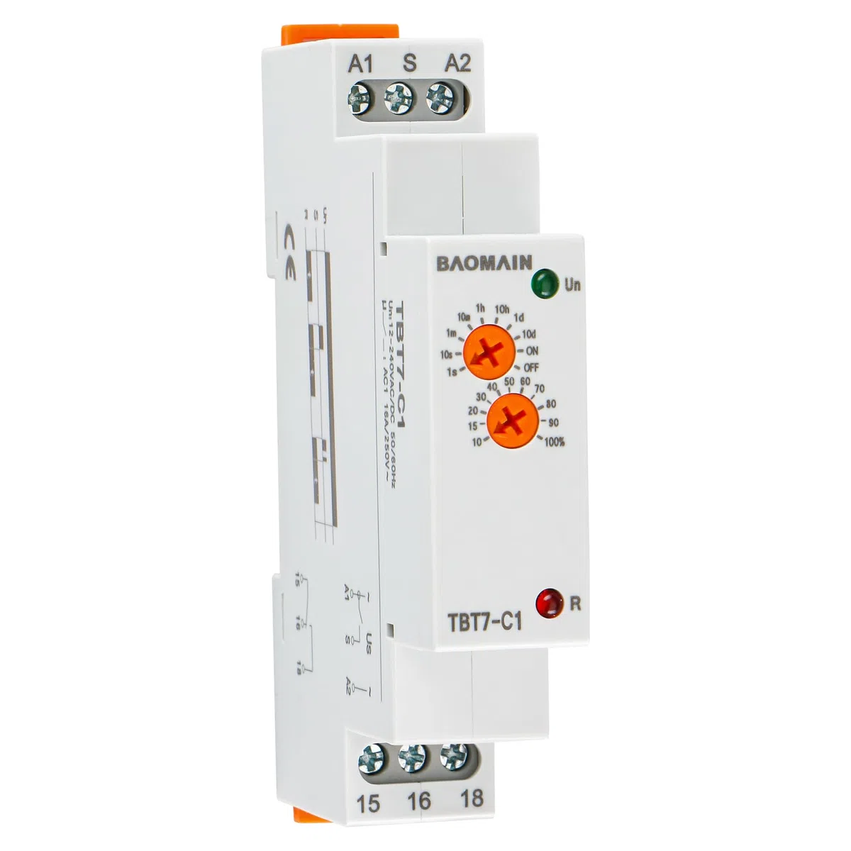 BAOMAIN TBT7-C1 Relé Temporizador Multifunción, Retardo al Apagado (Off Delay), 16A SPDT, Voltaje Universal 12-240V CA/CC, Montaje en Carril DIN, Temporizador Electrónico de Alta Carga, CE