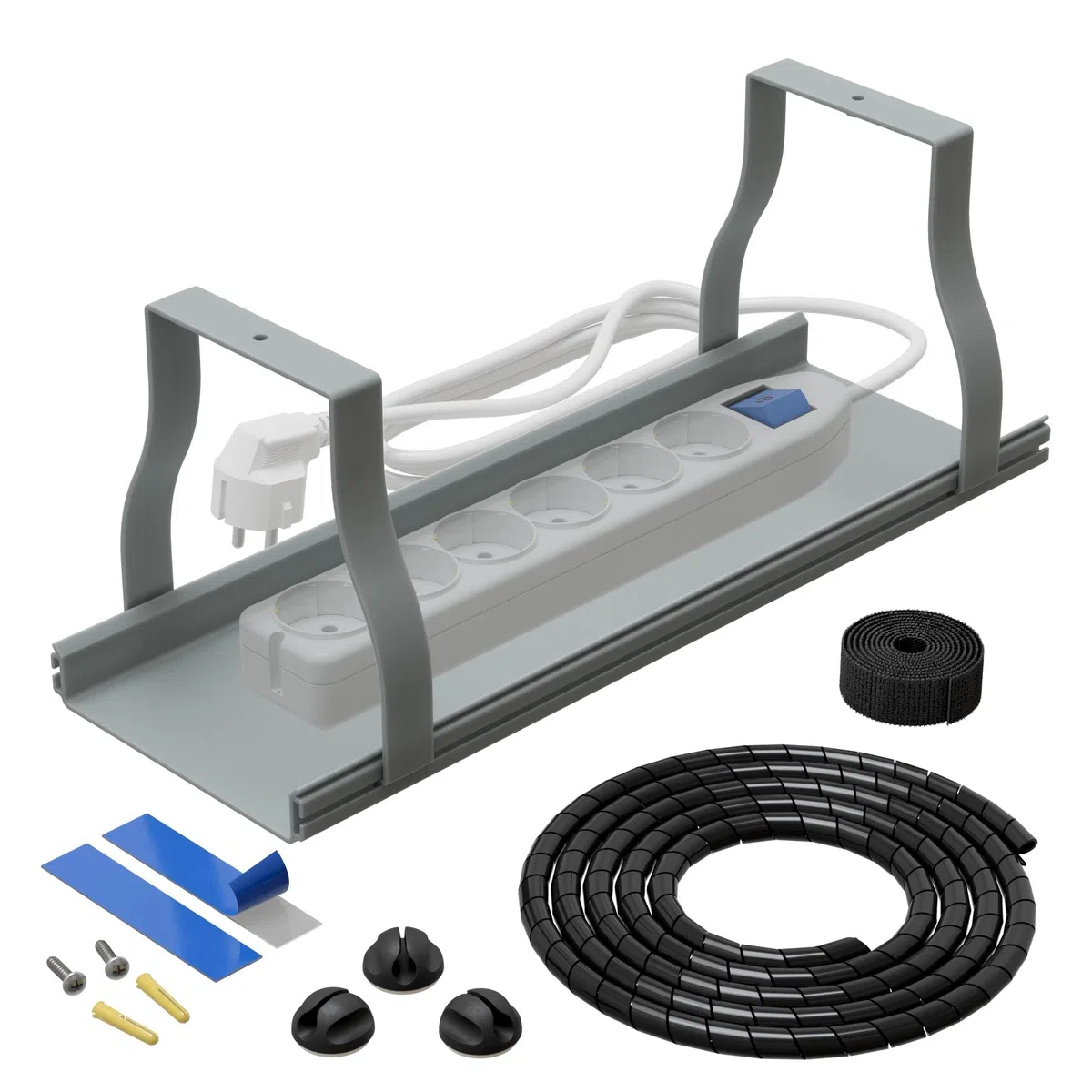 D-Line Kit Organizador de Cables – Bandeja para Cables bajo Escritorio con Envoltura en Espiral, Banda y Clips – Fácil de Instalar, Reduce el desorden y Organiza el Espacio