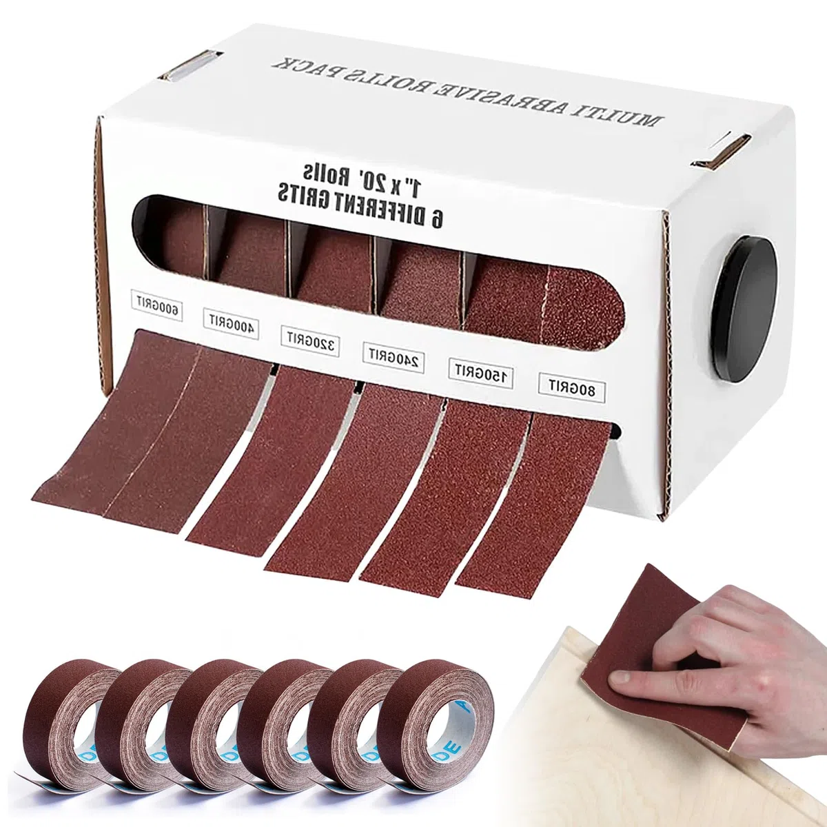 6 rollos de papel de lija, rollo de 2,5 cm x 6 m, rollo de tela de esmeril para madera, rollos de tela de esmeril, 80/120/240/320/400/600 grano rollos de lino de esmeril, para madera, metal, muebles