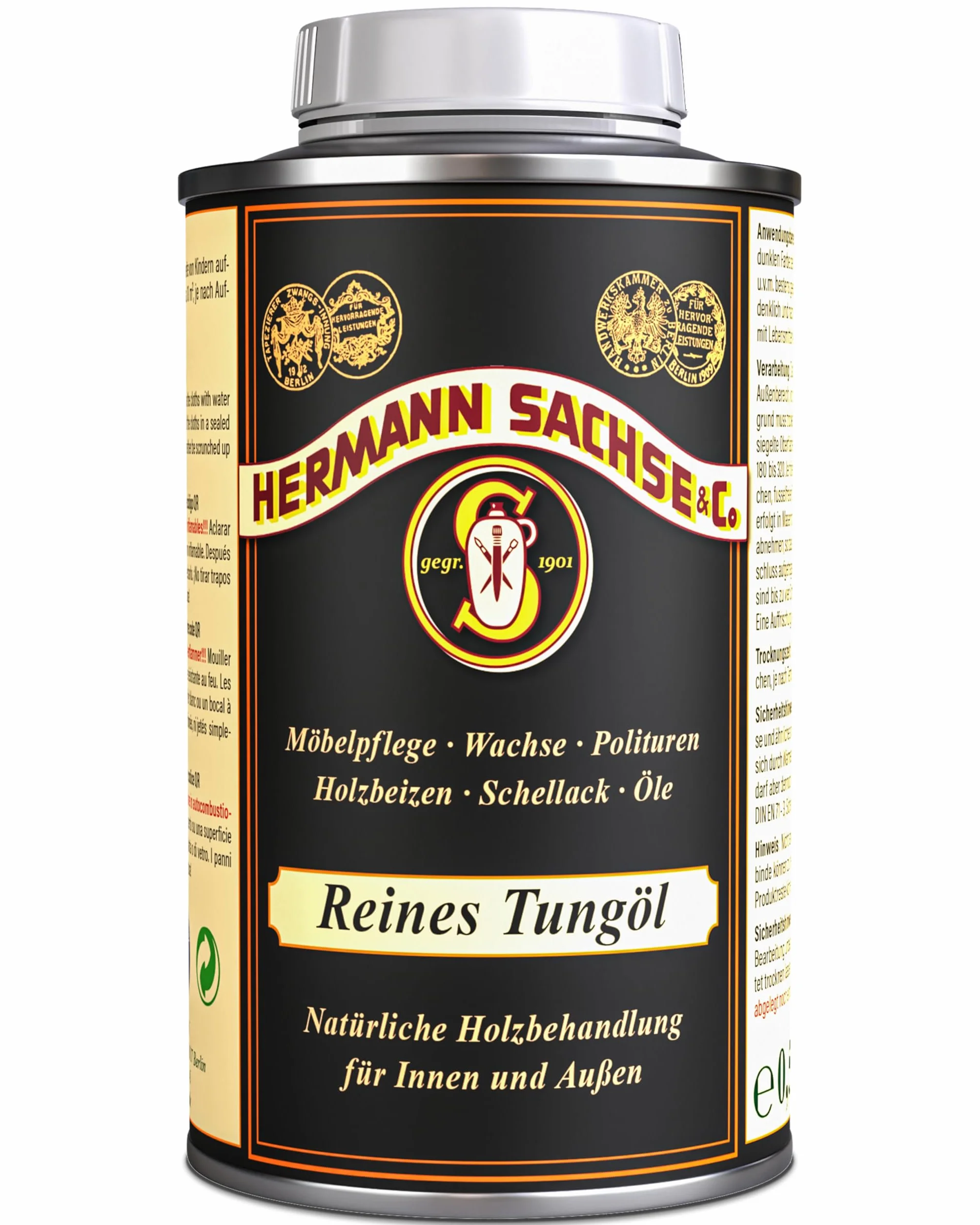 Hermann Sachse Aceite de Tung puro | Cuidado de la madera 100% natural para interior y exterior | cambia menos el color, forma una capa impermeable muy resistente de 0,5 litros