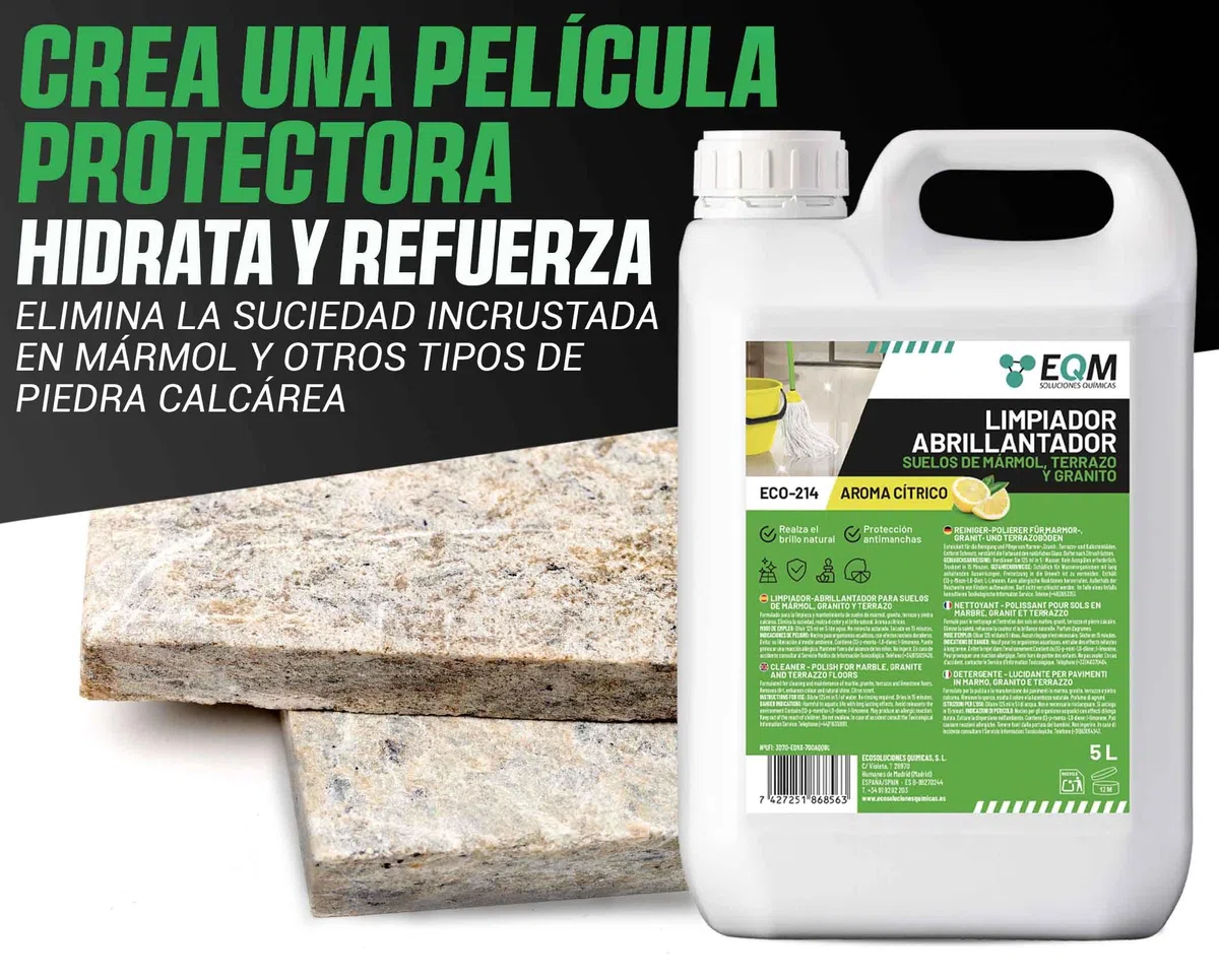 EQM SOLUCIONES QUIMICAS - ECO-214 - Limpiador Abrillantador para Suelos de Mármol, Granito y Piedra natural - 5L - Realza el color y el brillo propio, devolviendo su aspecto original