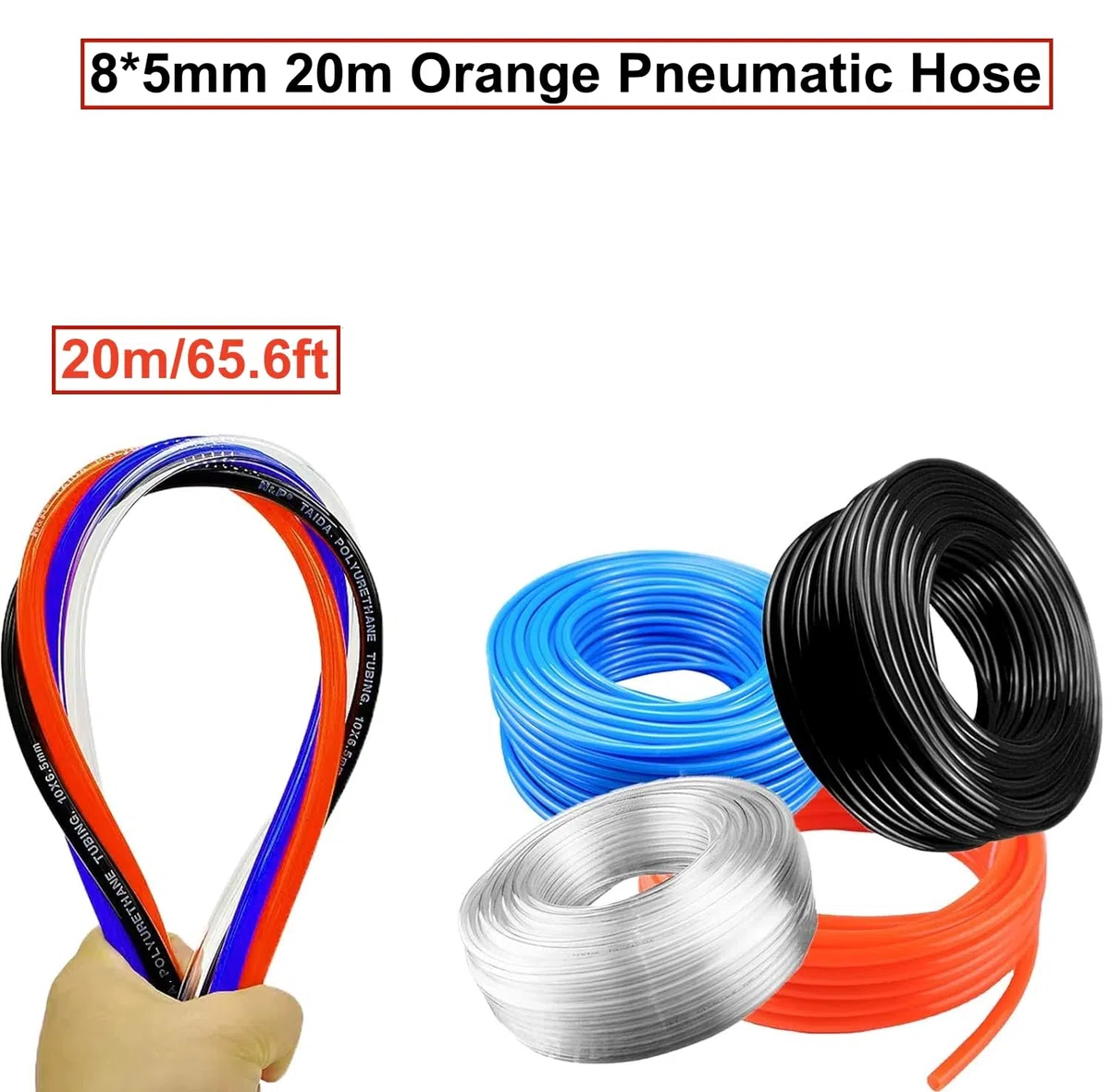 HUAZIZ Manguera neumática de poliuretano de 20 m, manguera neumática de poliuretano de color naranja, flexible, con 21 conectores neumáticos, acoplamientos rápidos Air Push, exterior 8 mm x interior 5