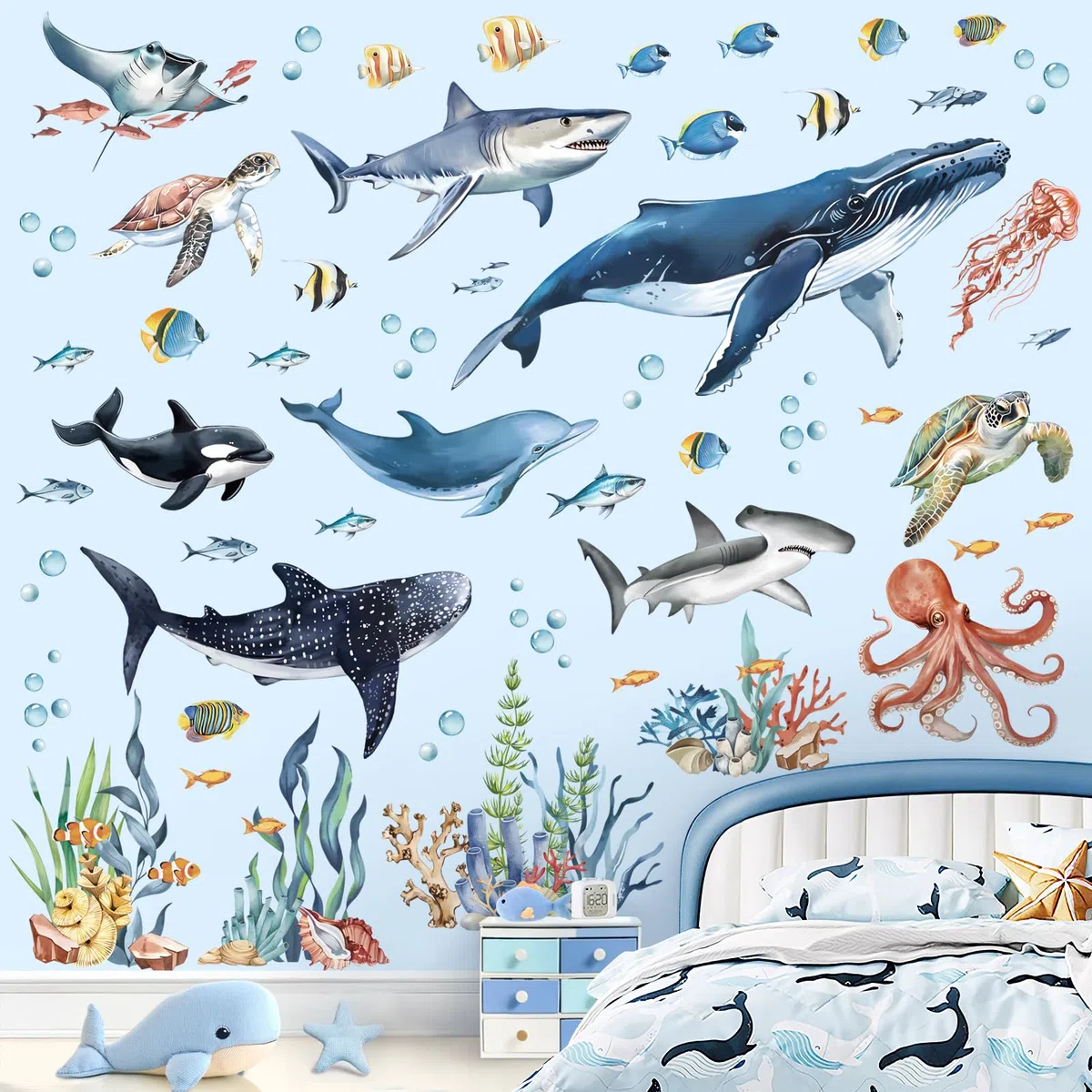 decalmile Pegatinas de Pared Bajo el Mar Tropical Peces Vinilos Decorativos Ballena Delfín Tortugas Algas Adhesivos Pared Habitación Infantiles Niños Bebés Guardería Baño