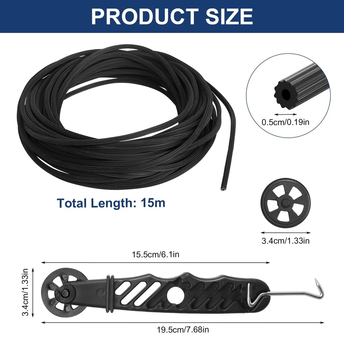 15m Cordón de Goma Negro Ø 5mm, Cordón de Goma Para Mosquiteras con Rodillo de Refuerzo, Mosquitera de Ventanas para Rodillo Herramienta