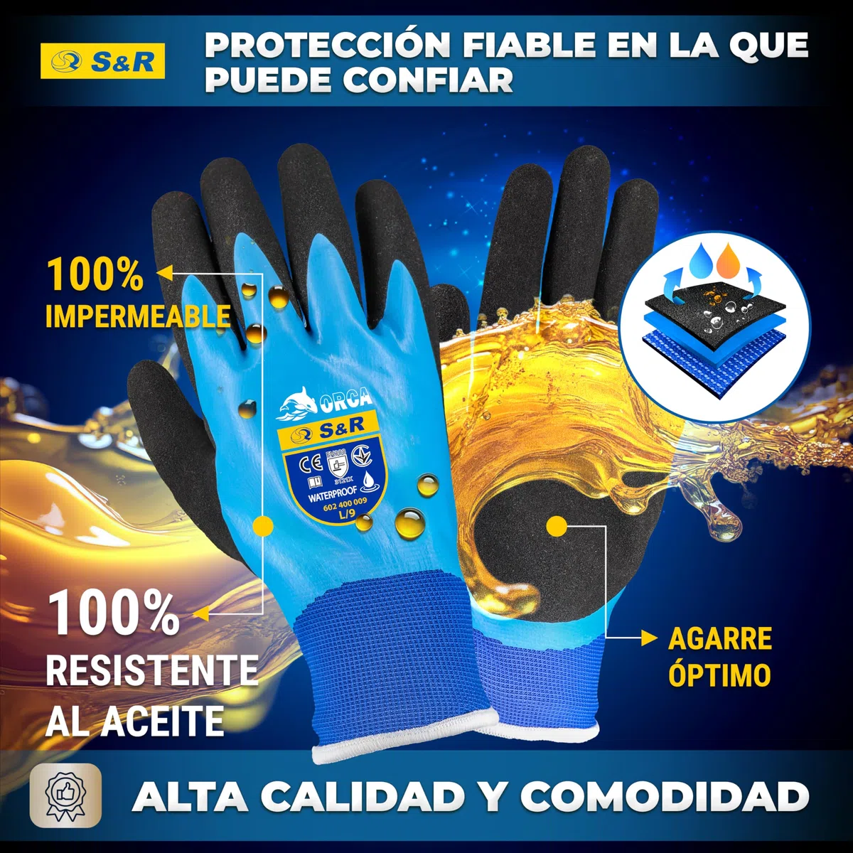 S&R Guantes de Trabajo Impermeables 2 PARES para Hombre Mujer Tallas 9 y 10. Guantes de protección Bricolaje Jardinería Mecánicos Pesca