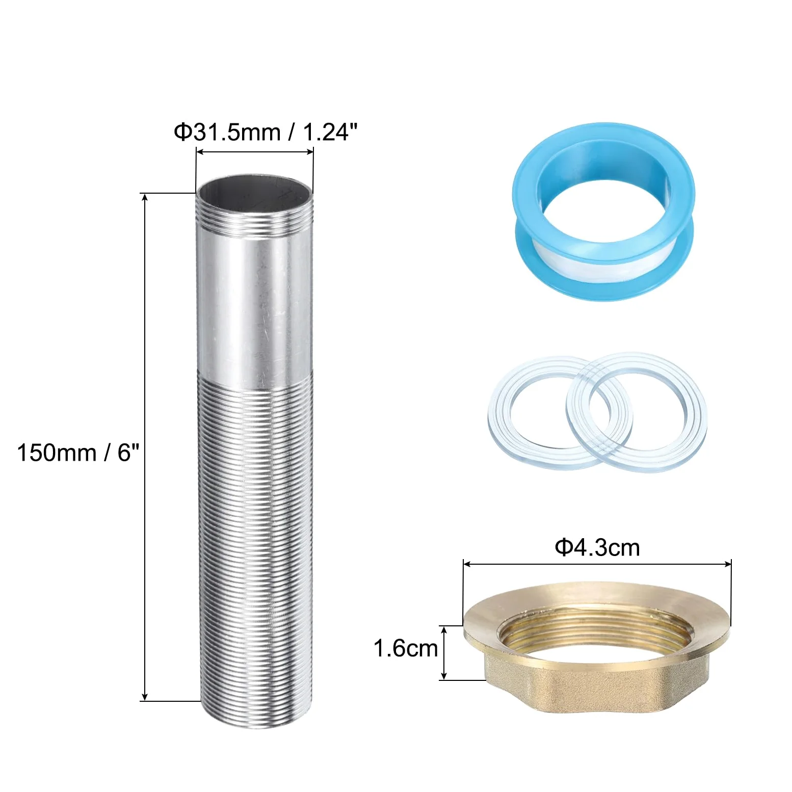 QUARKZMAN 6" Caña de Extensión de Montaje de Grifo de Acero Inoxidable con Tubo Roscado para Alargar la Caña de Montaje de Pie Alto Fijo con Tuerca y Junta 1 Piezas