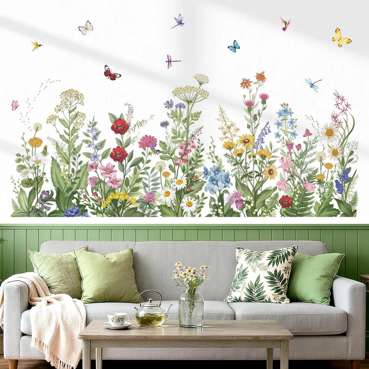 wondever Pegatinas de Pared Flor Silvestre Hierba Adhesivos Pared Decorativos Plantas Verdes Hojas Mariposa Vinilos Pared para Salón Dormitorio Oficina