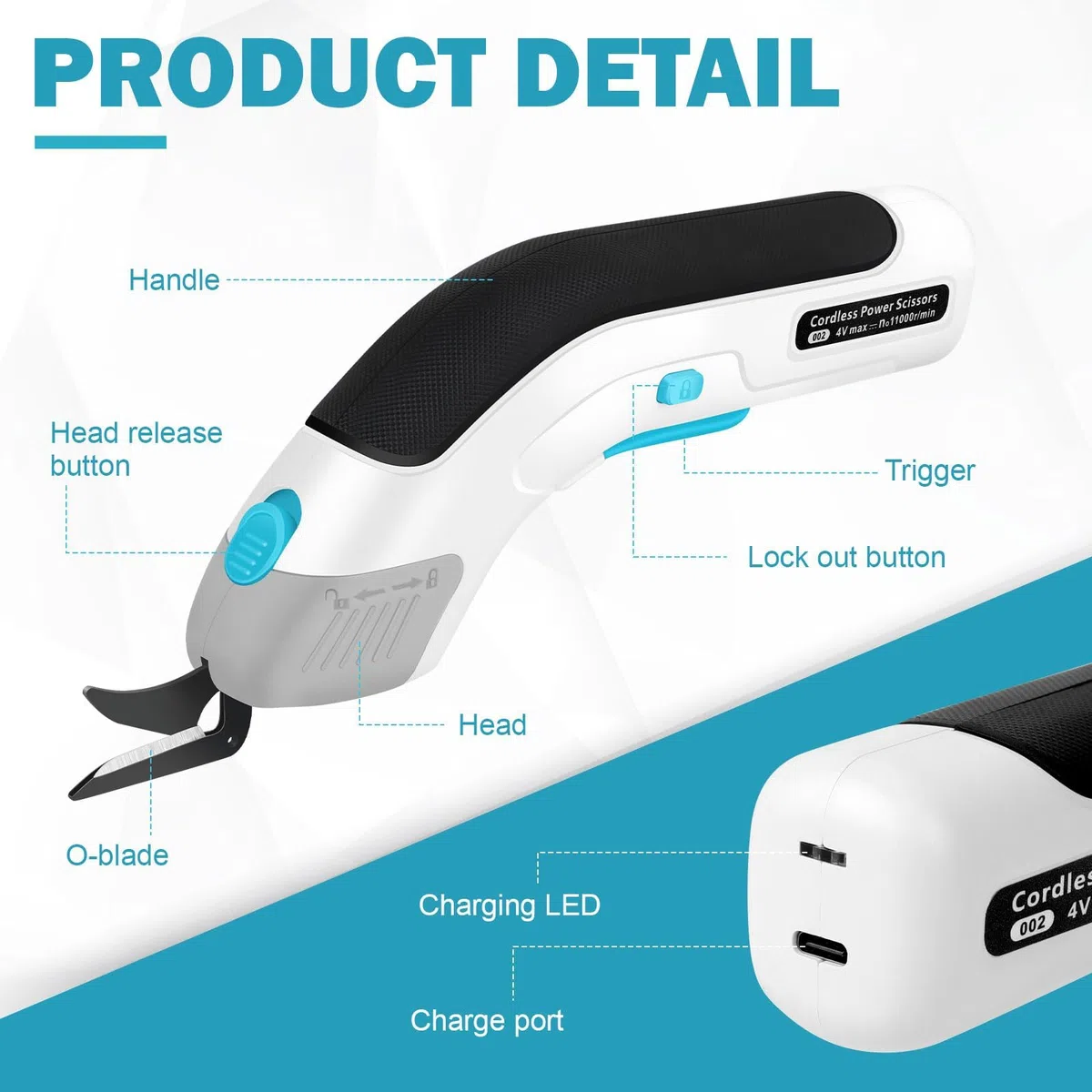 VOBOR Tijeras Electrica Costura, Inalámbrica Ecargables USB, Hojas de Acero de Tungsteno, 2000mAh Cortador de Tela Para Cartón Cuero Alfombra PVC