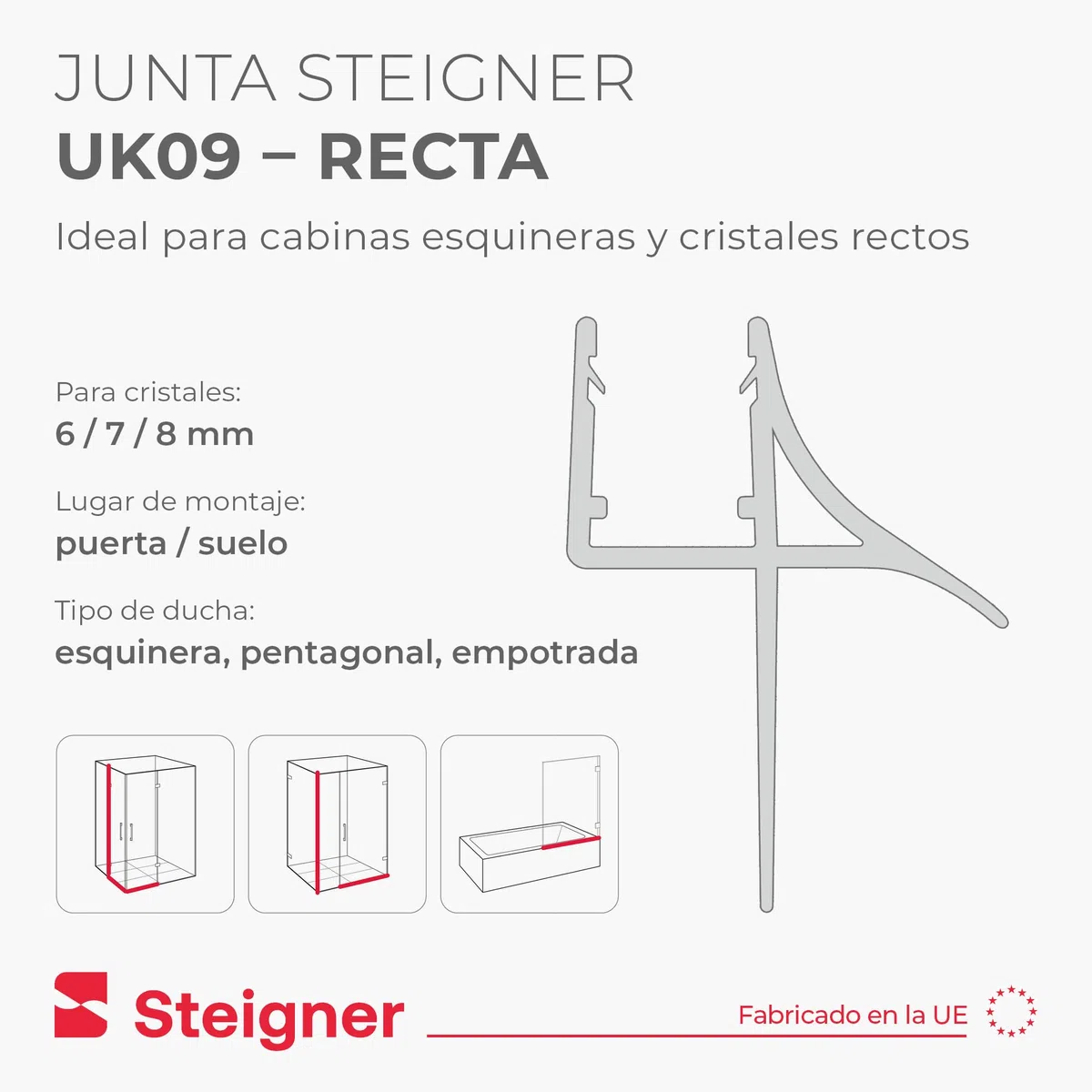 STEIGNER Junta mampara ducha 90cm UK09 (1 ud.) transparente - Junta vertical para ducha angular, en nicho o pentagonal con puerta 6-8 mm - Protección contra fugas, Ajuste perfecto, Material duradero
