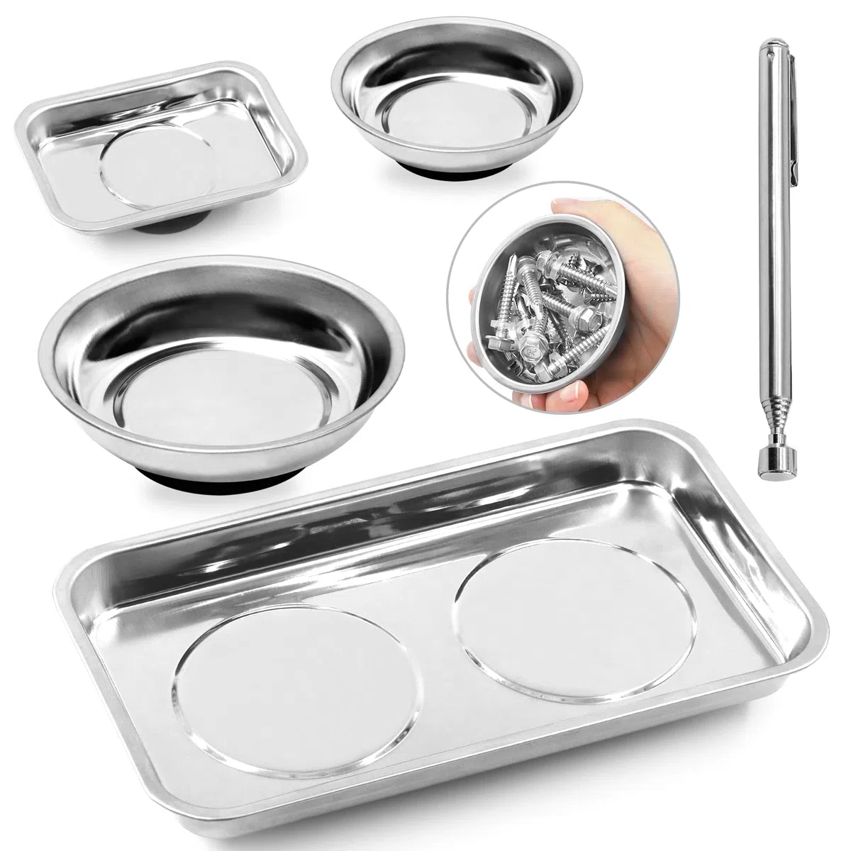 Swpeet 5 bandejas magnéticas redondas y cuadradas de acero inoxidable de 2 formas con kit surtido de herramientas de recogida magnética de 3 libras, soporte de bandeja magnética redonda para piezas,