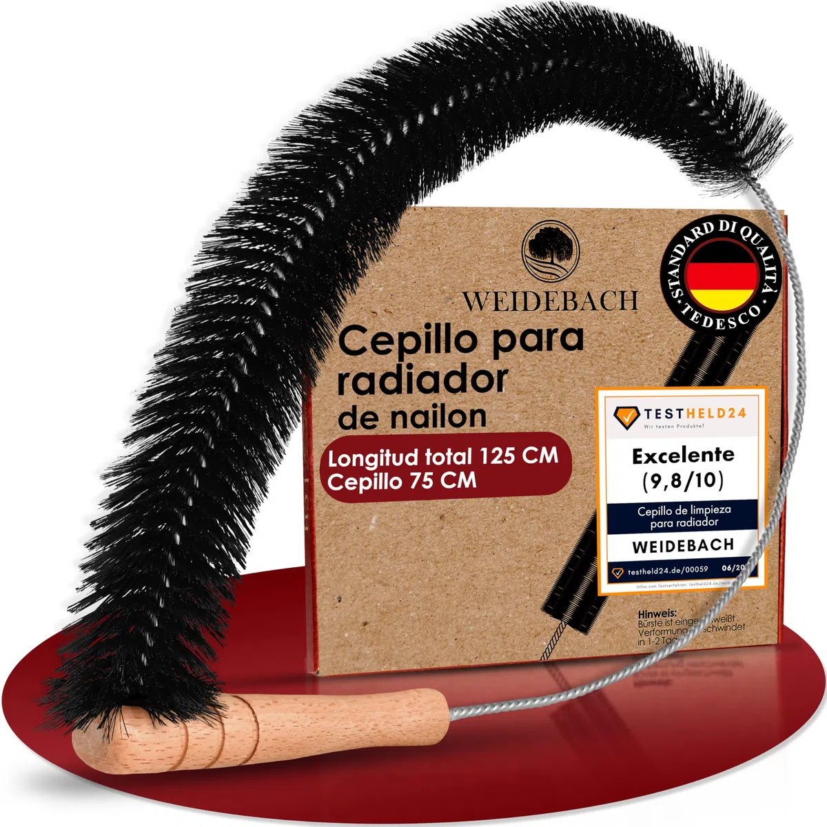 Weidebach® Cepillo para Radiadores 125 Cm De Longitud Total / 75 Cm Cepillo Nylon, Cepillo para Limpiar Radiadores Sin Pelos De Animales, Cepillo Radiadores Que Llega A Todos Los Rincones