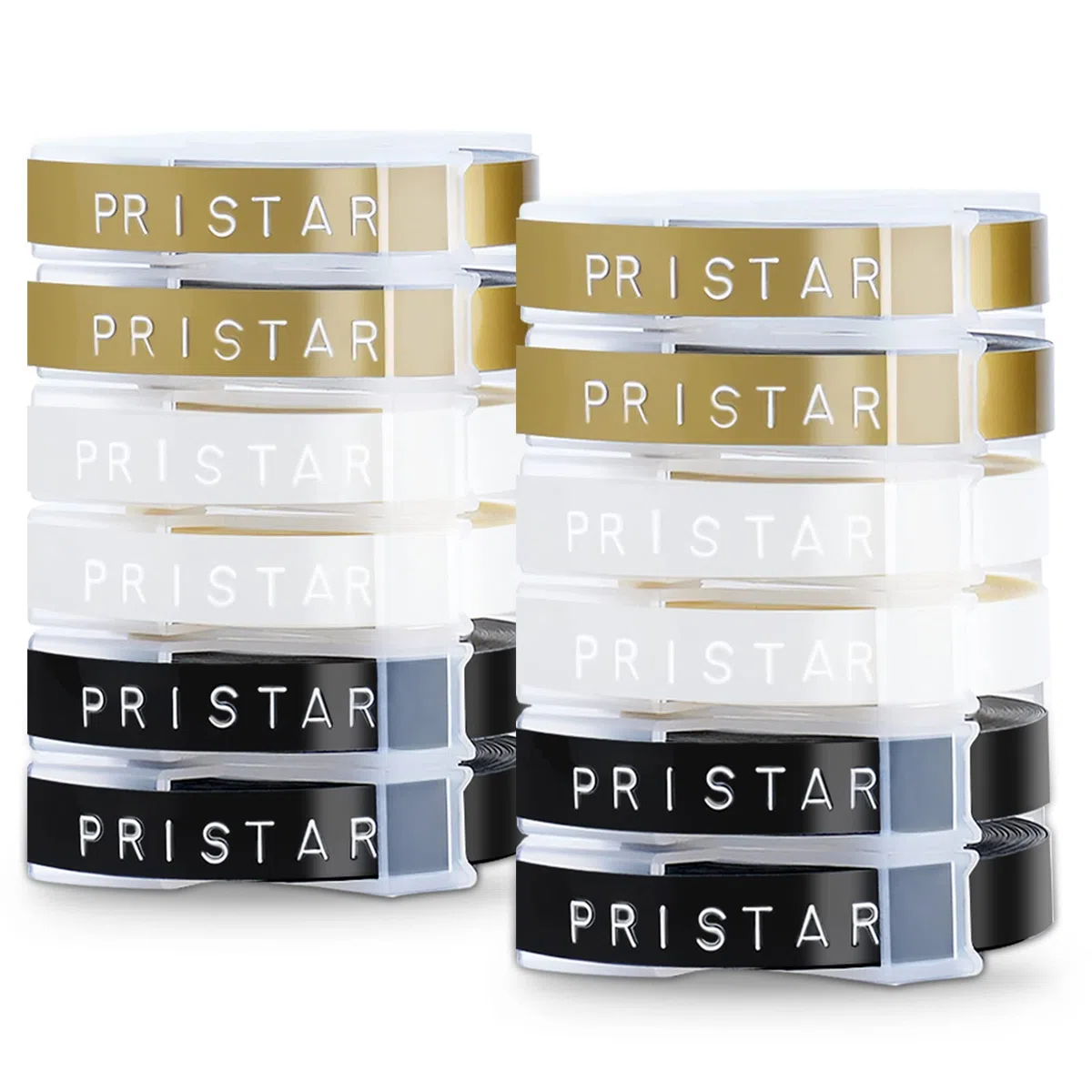 Pristar Compatible Plástico Cinta 9mm x 3m Reemplazo para Dynmo 3D Autoadhesivo Cintas para Dynmo Junior Omega Motex E-101 E-303, Blanco sobre Negro/Transparente/Oro 12 Pack