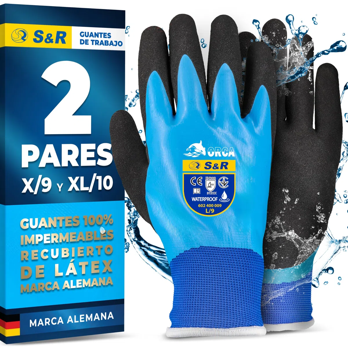 S&R Guantes de Trabajo Impermeables 2 PARES para Hombre Mujer Tallas 9 y 10. Guantes de protección Bricolaje Jardinería Mecánicos Pesca